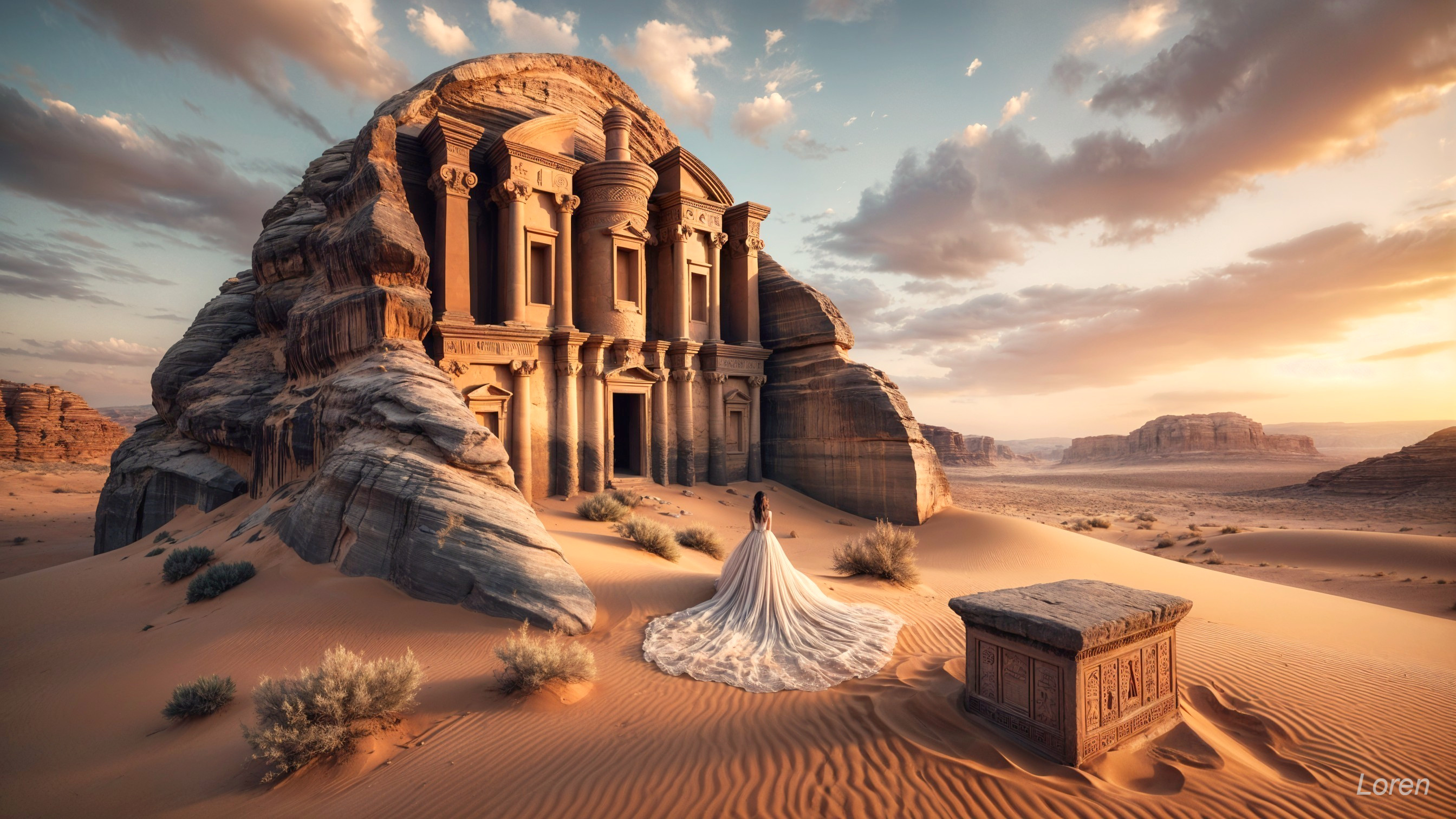 Bride in White Gown in Desert at Sunset with Cliff