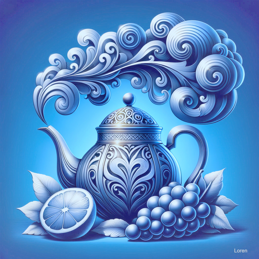 Ornate teapot with steam, grapes, and lemon slice
