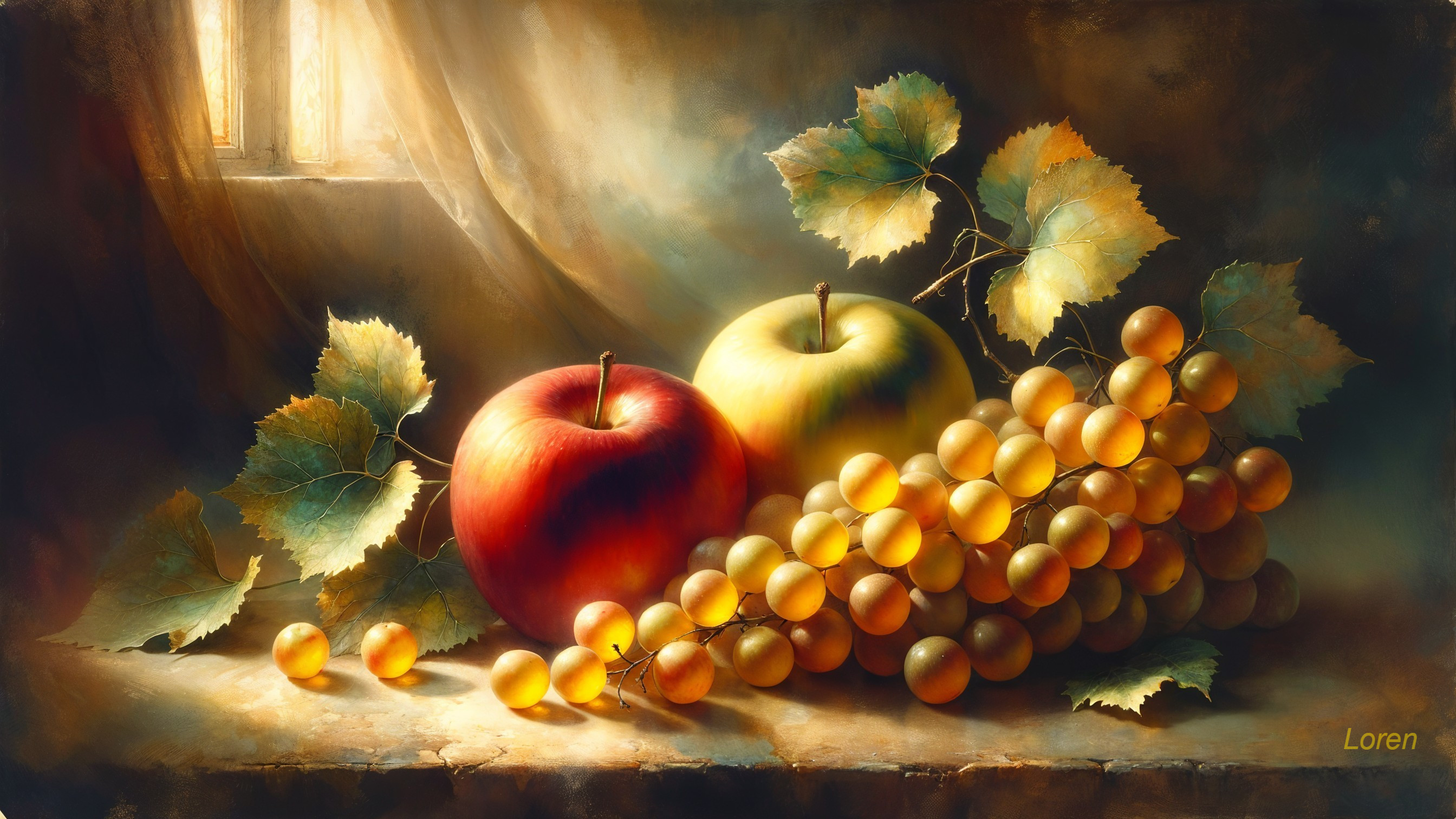 Still Life with Red and Green Apples and Grapes