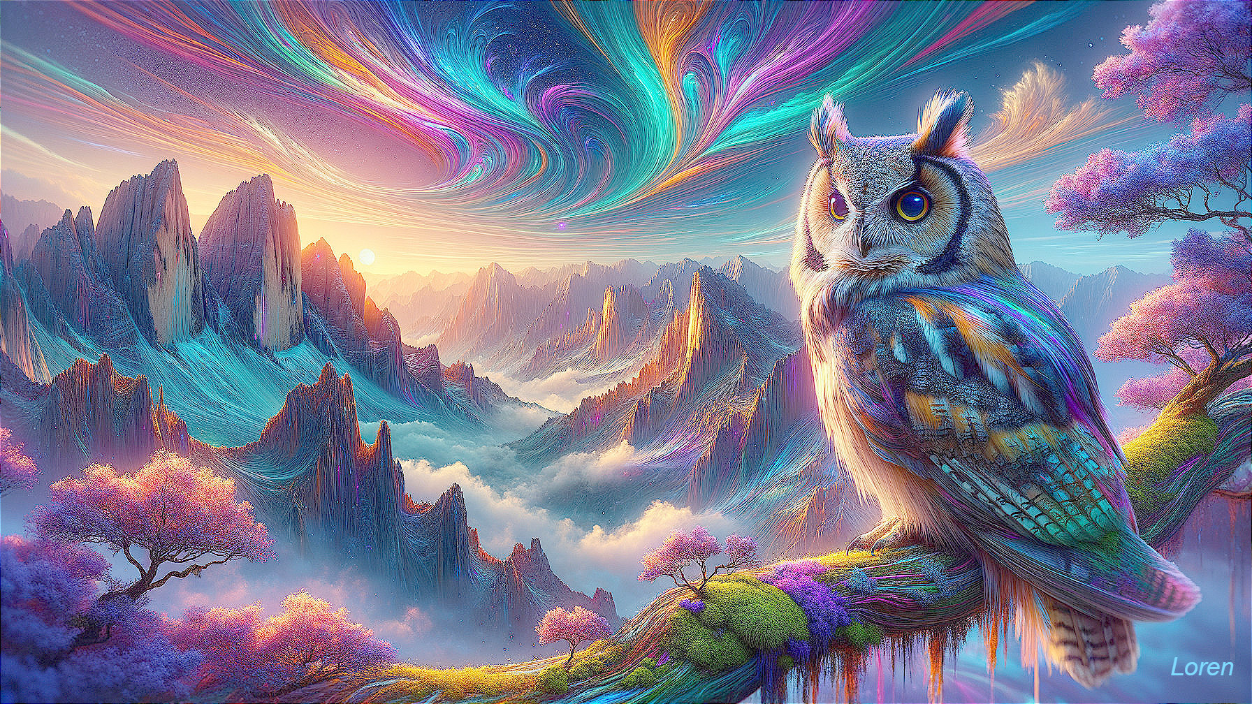 Majestic Owl Overlooking a Colorful Fantasy Landscape