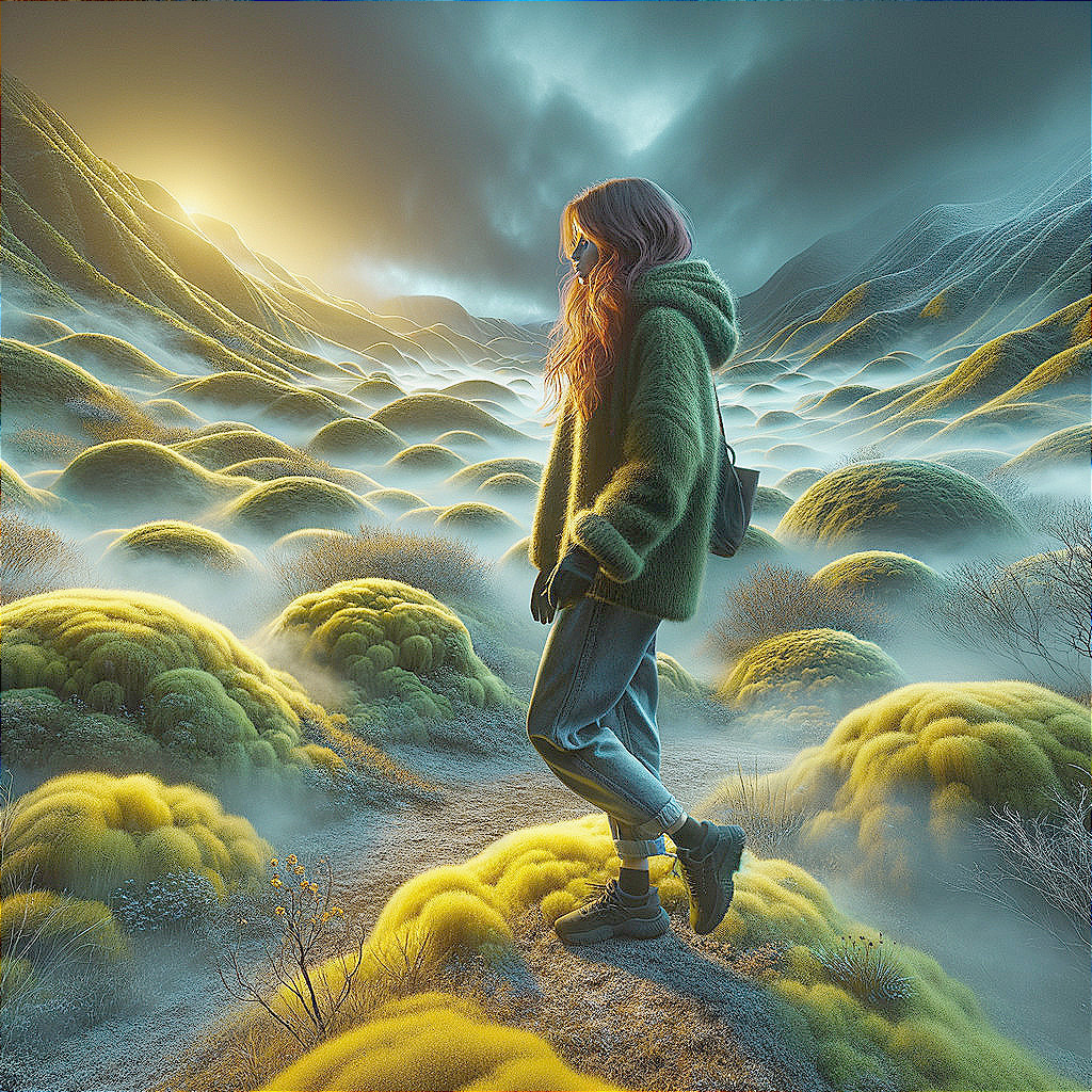 Surreal Path with Glowing Hills and Golden Sky