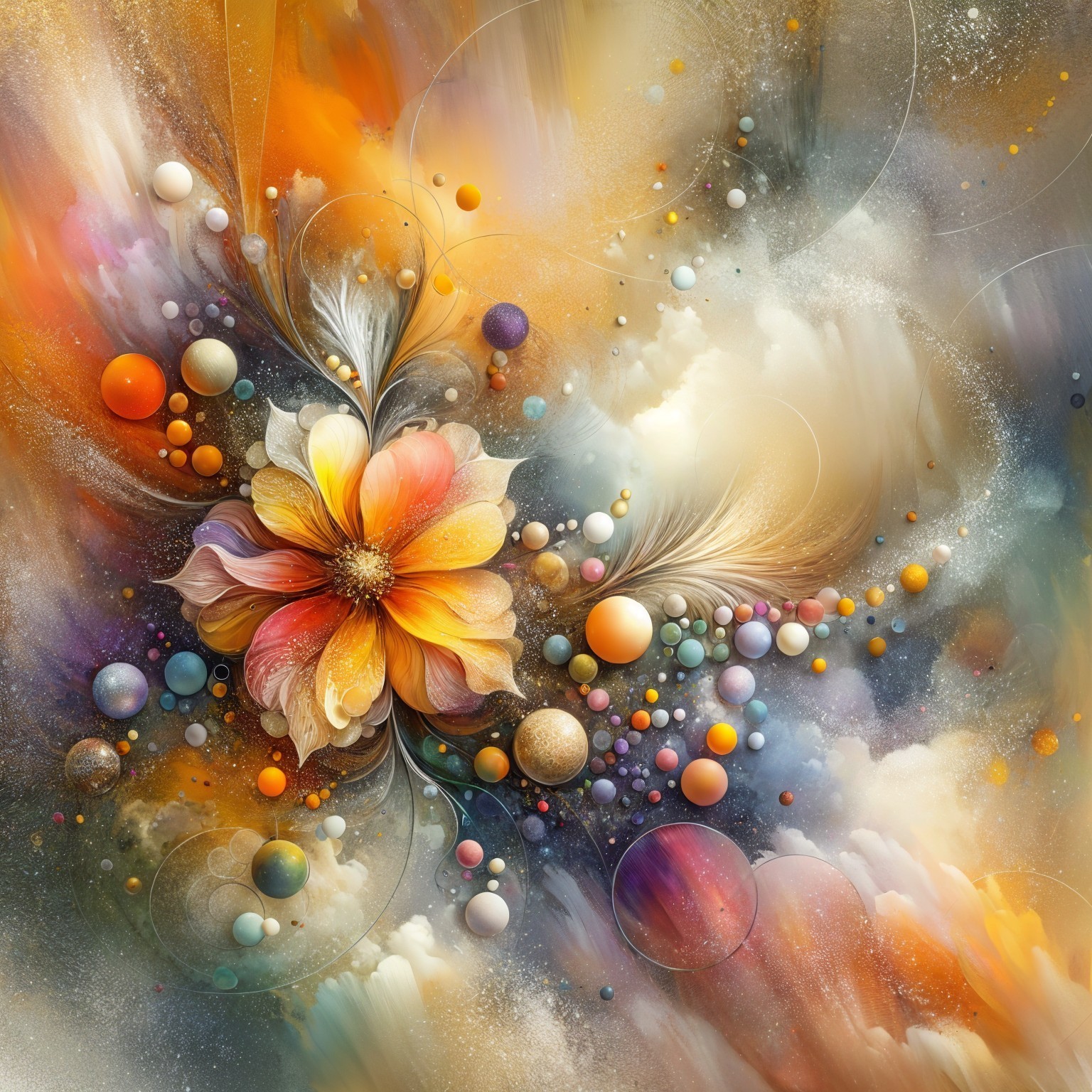 Vibrant Abstract Flower Composition with Cosmic Elements