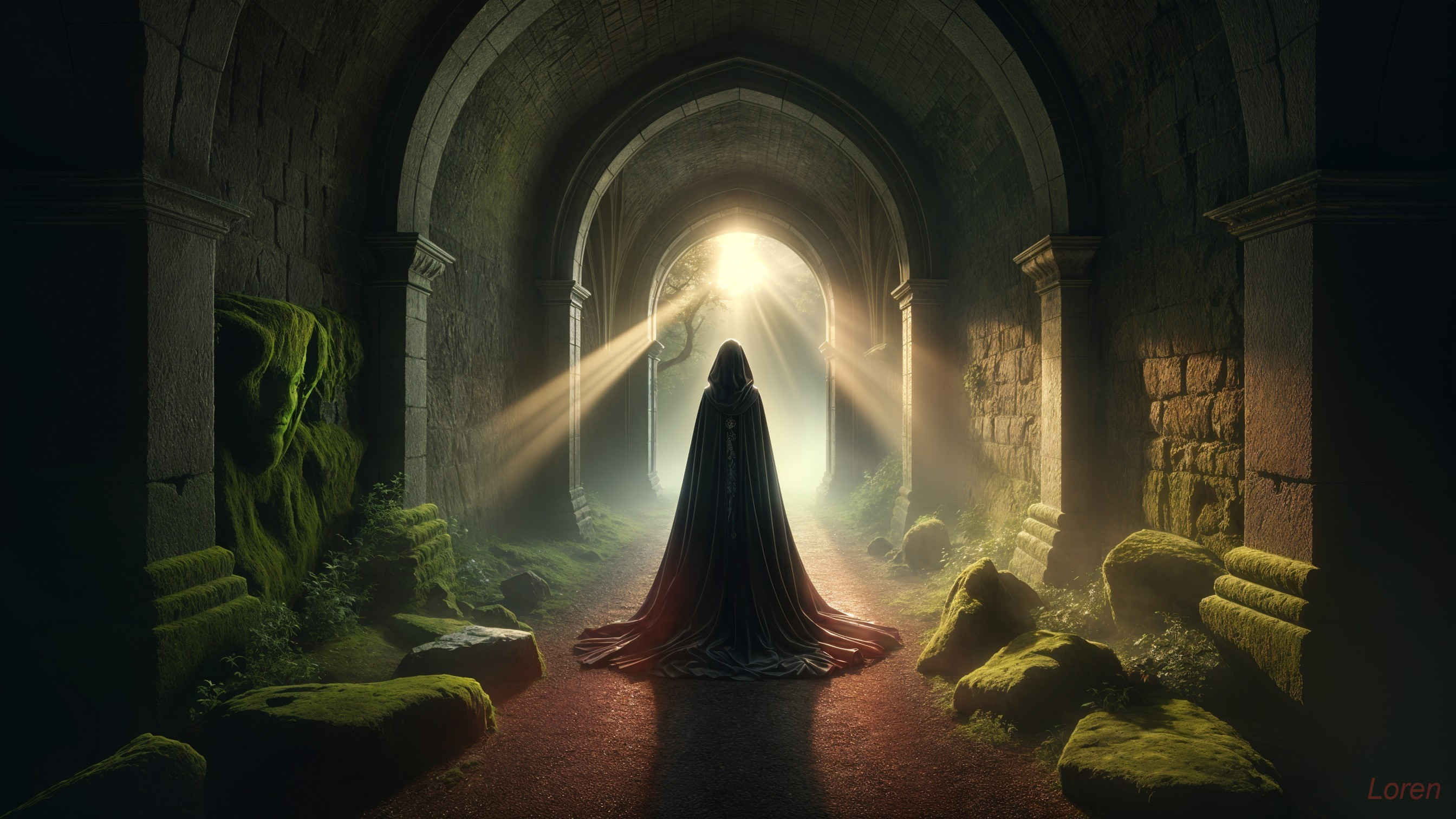 Cloaked Figure in Enchanted Stone Corridor with Light