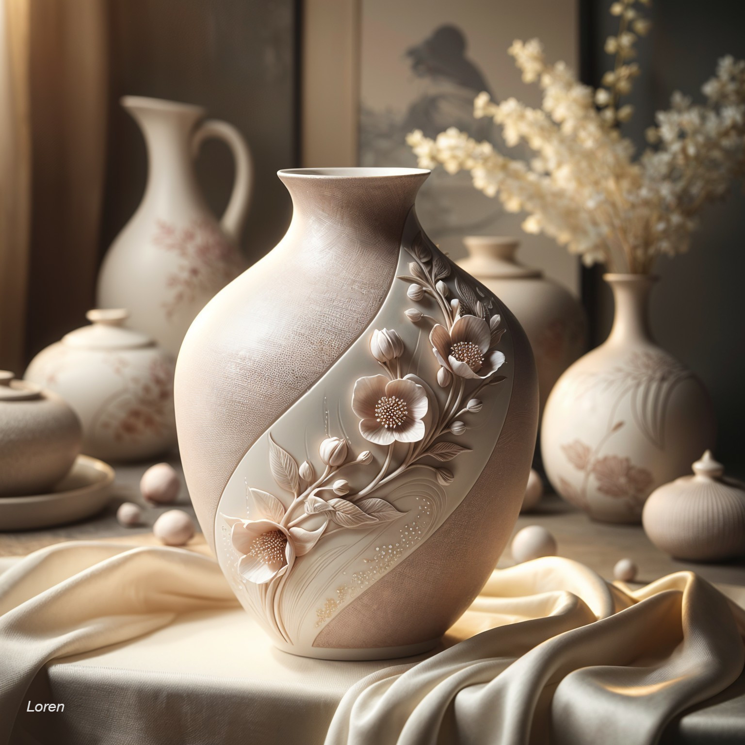 Elegant ceramic vase with floral carvings in soft tones