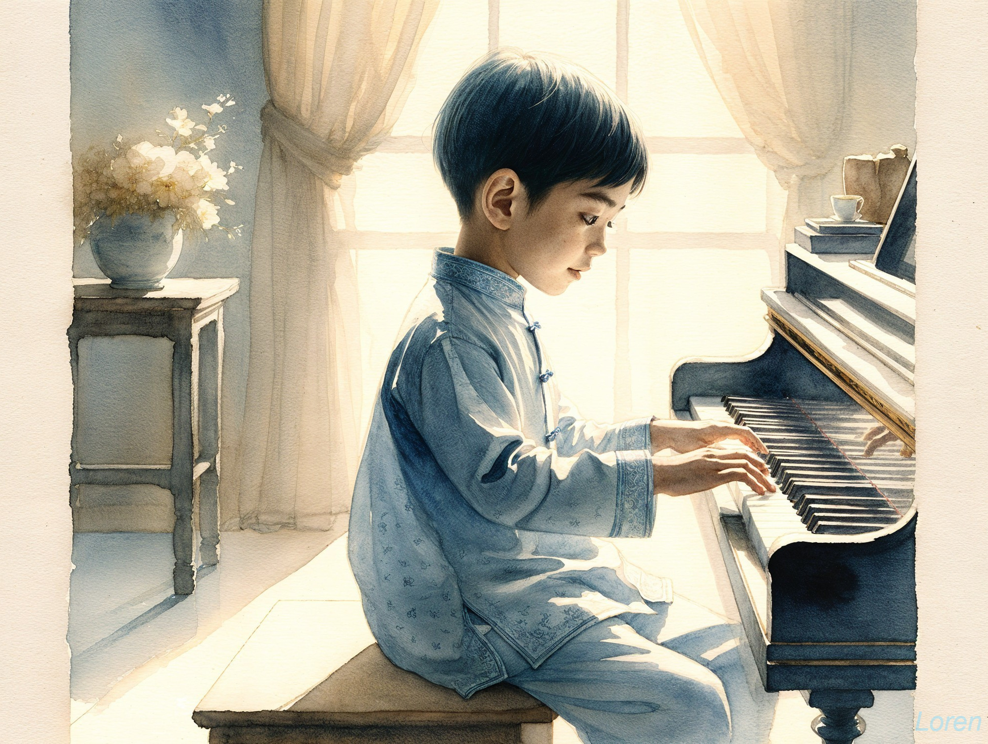 Young Boy Playing Piano in Serene Sunlit Room