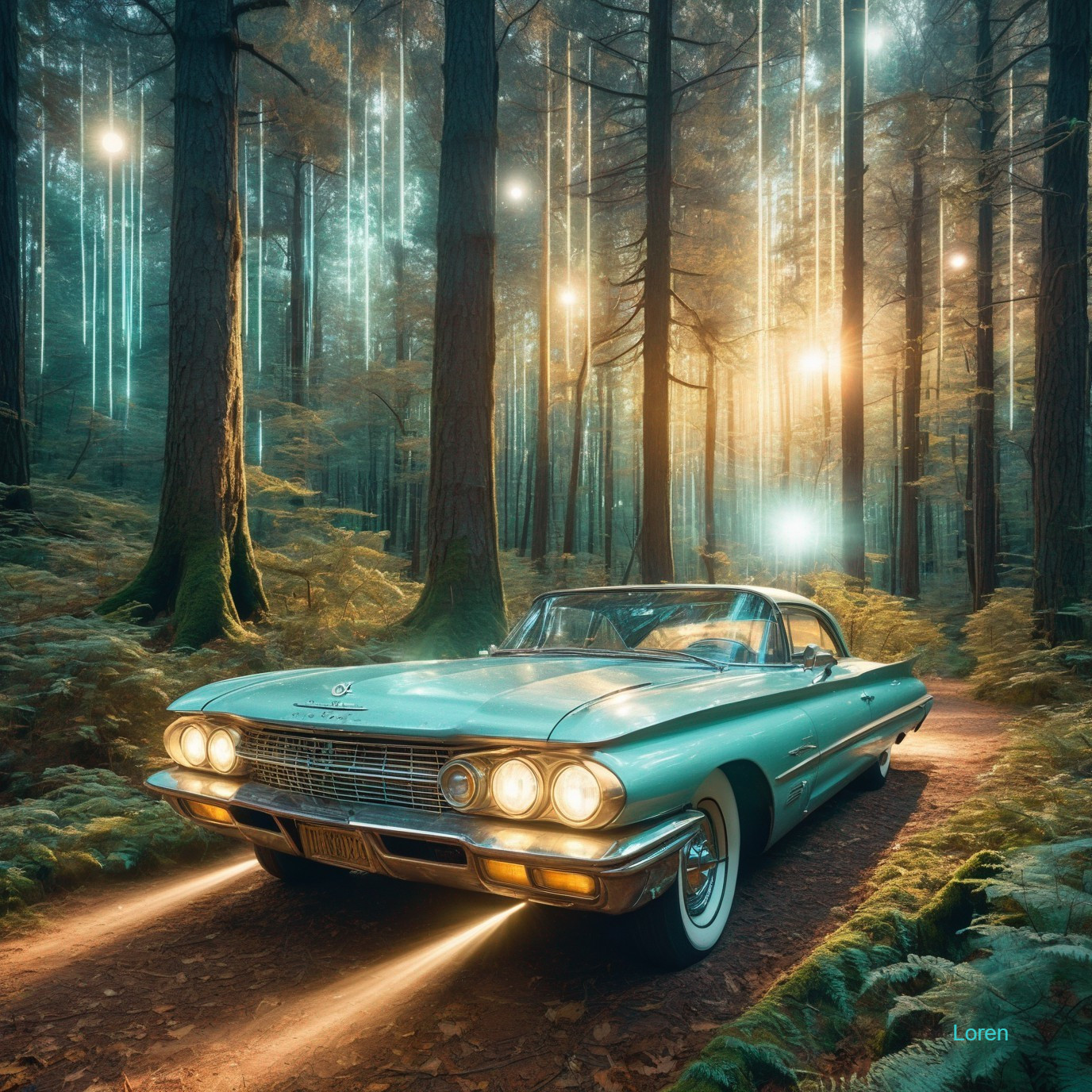 Vintage Turquoise Car on Forest Path with Ethereal Lights