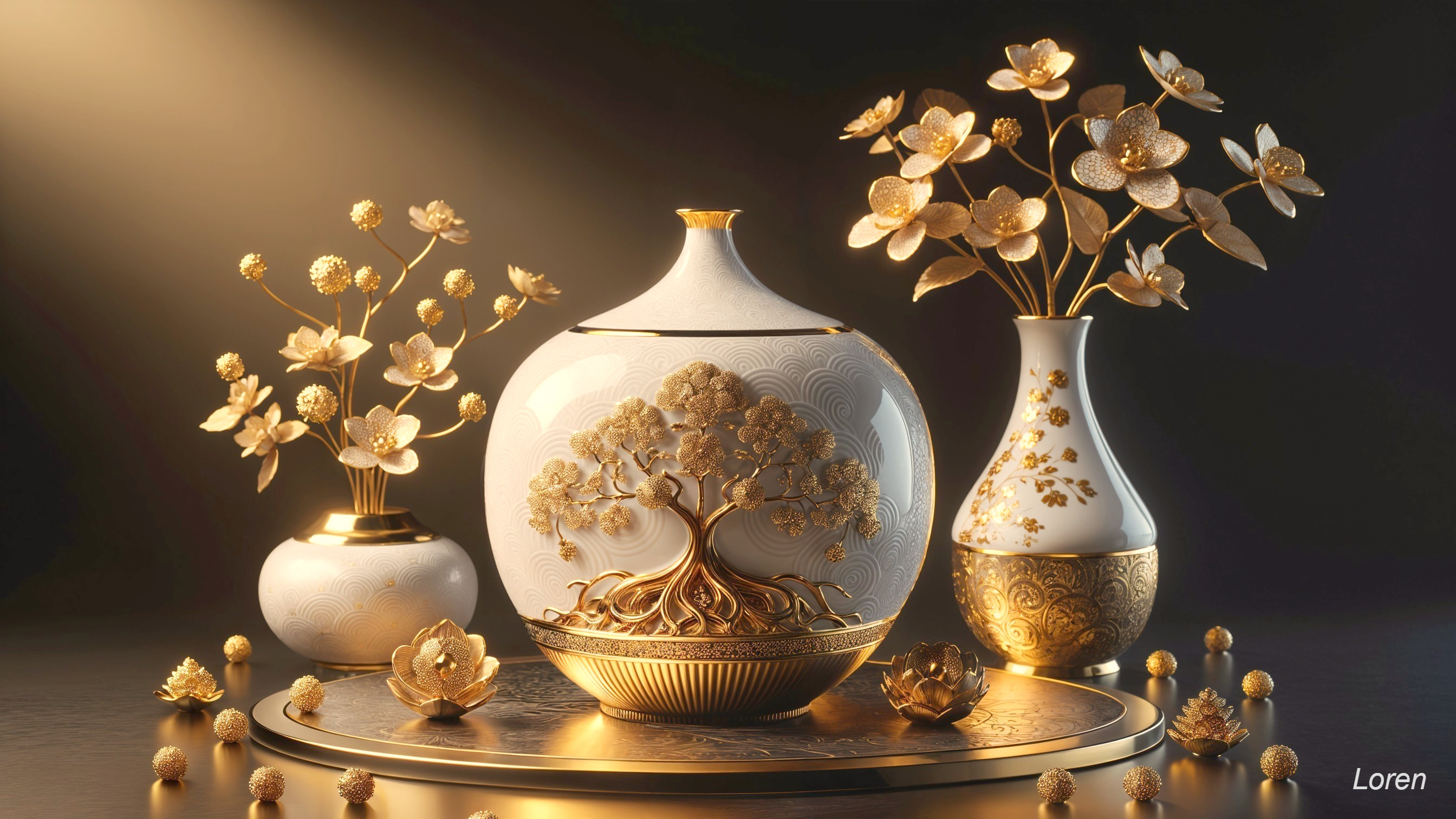 Elegant Gold and White Decorative Vases Arrangement