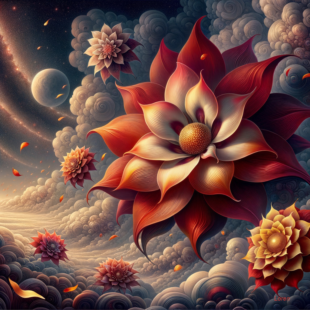 Surreal Landscape with Colorful Flowers and Clouds