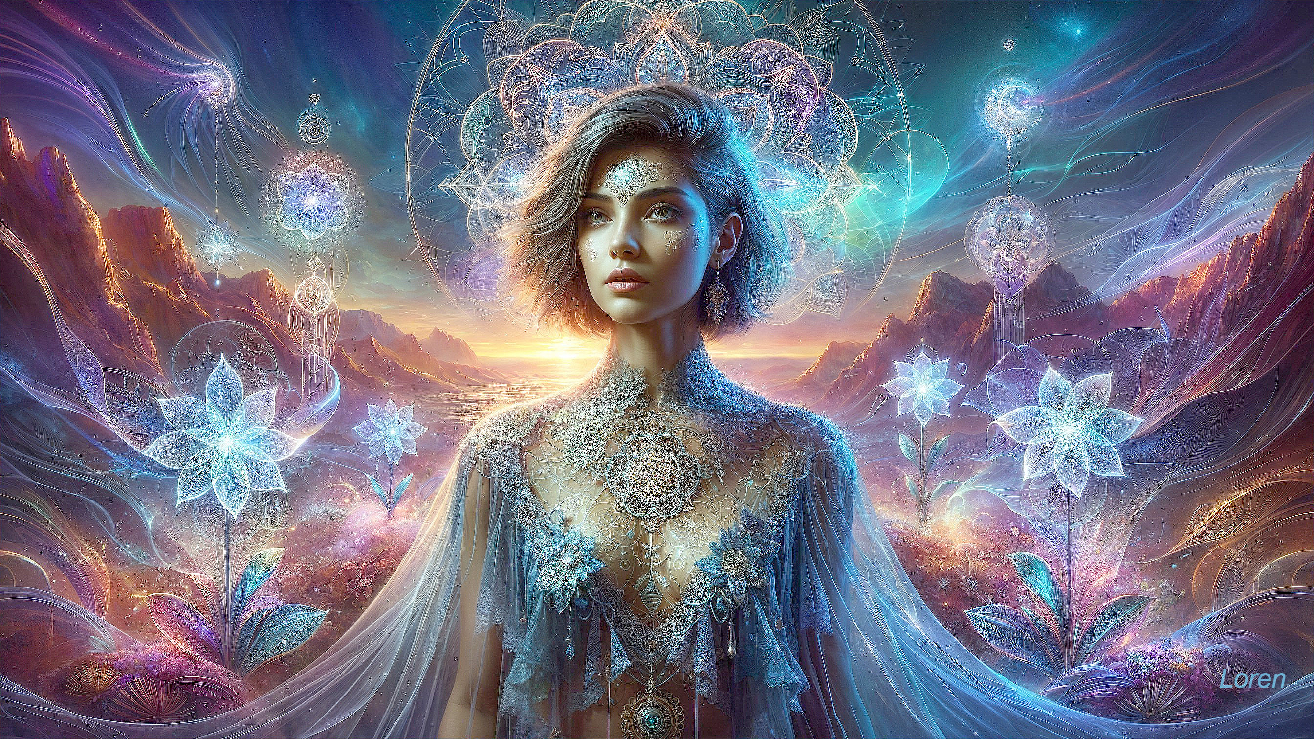 Mystical Woman in Vibrant Ethereal Landscape