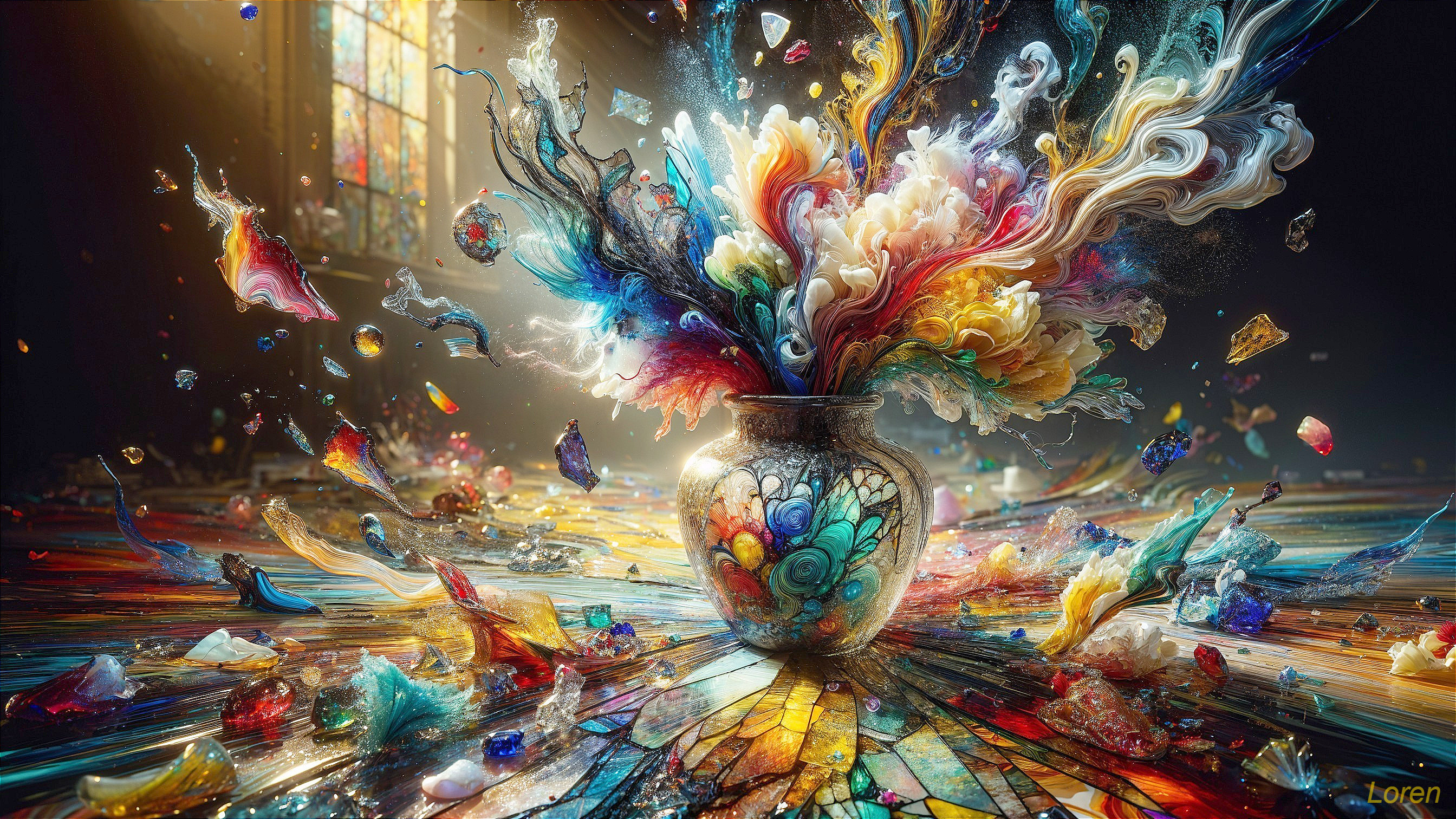 Colorful Floral Explosion in Stained Glass Setting