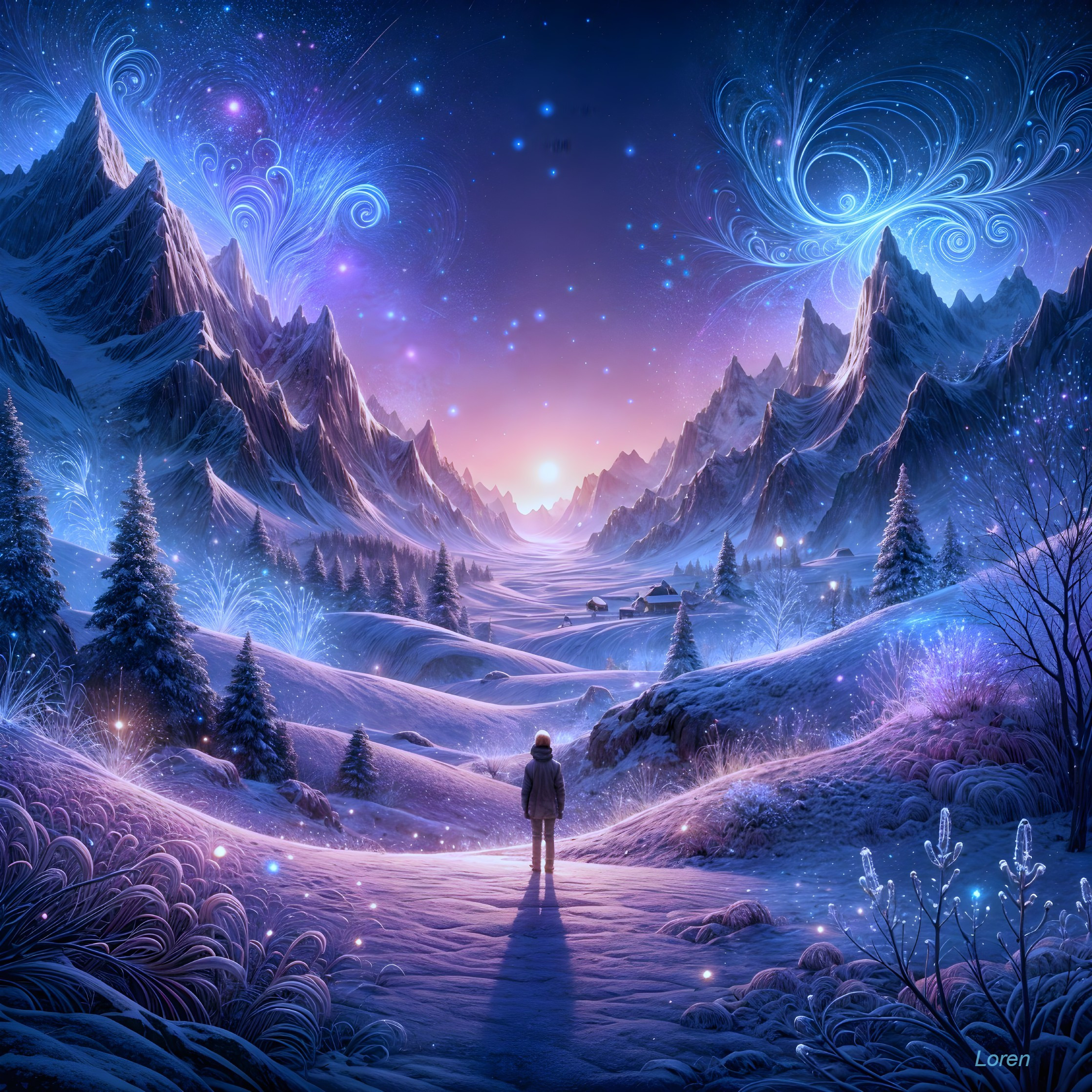 Serene winter landscape under a starlit sky