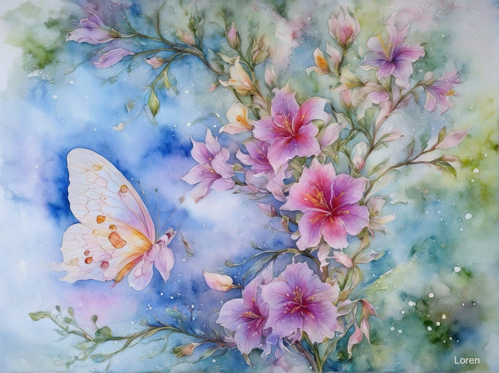 Delicate pink flowers and butterfly in watercolor art