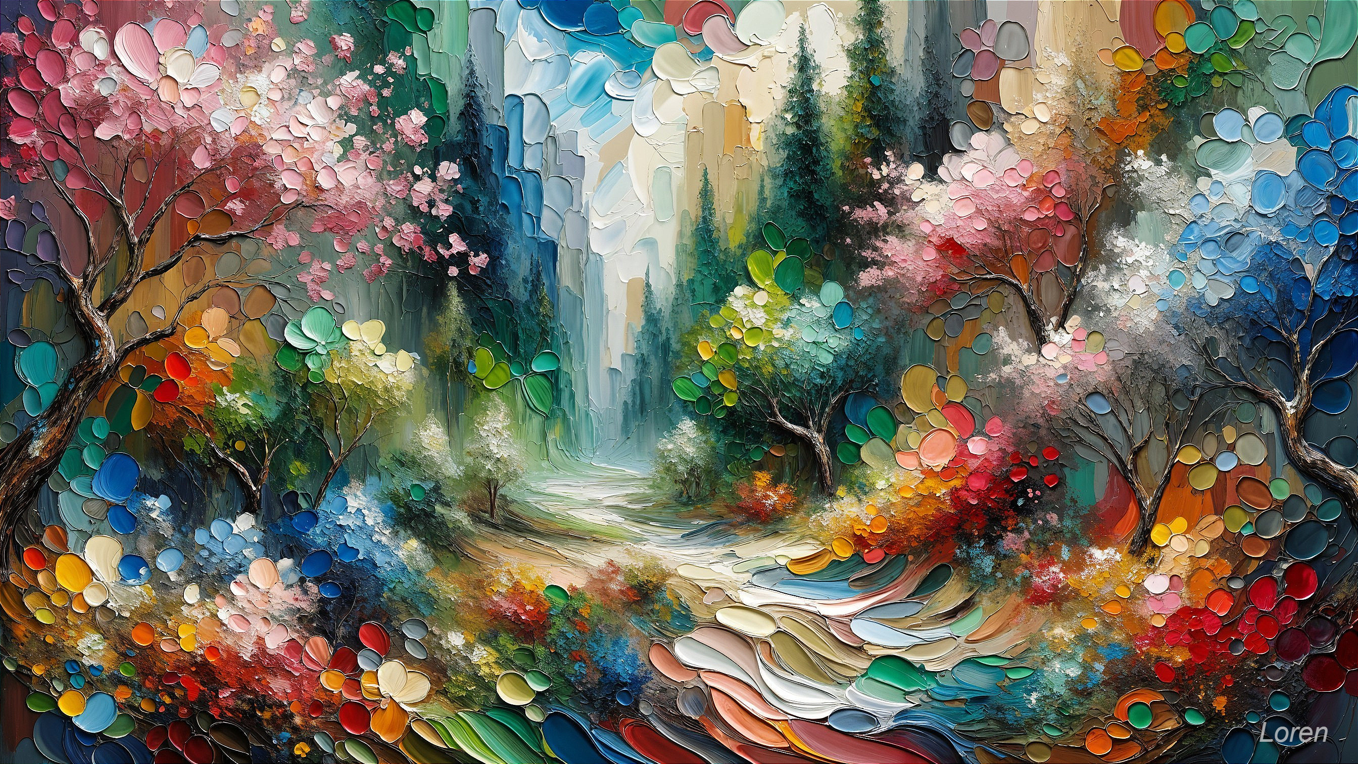 Vibrant Landscape with Blooming Trees and Flowers