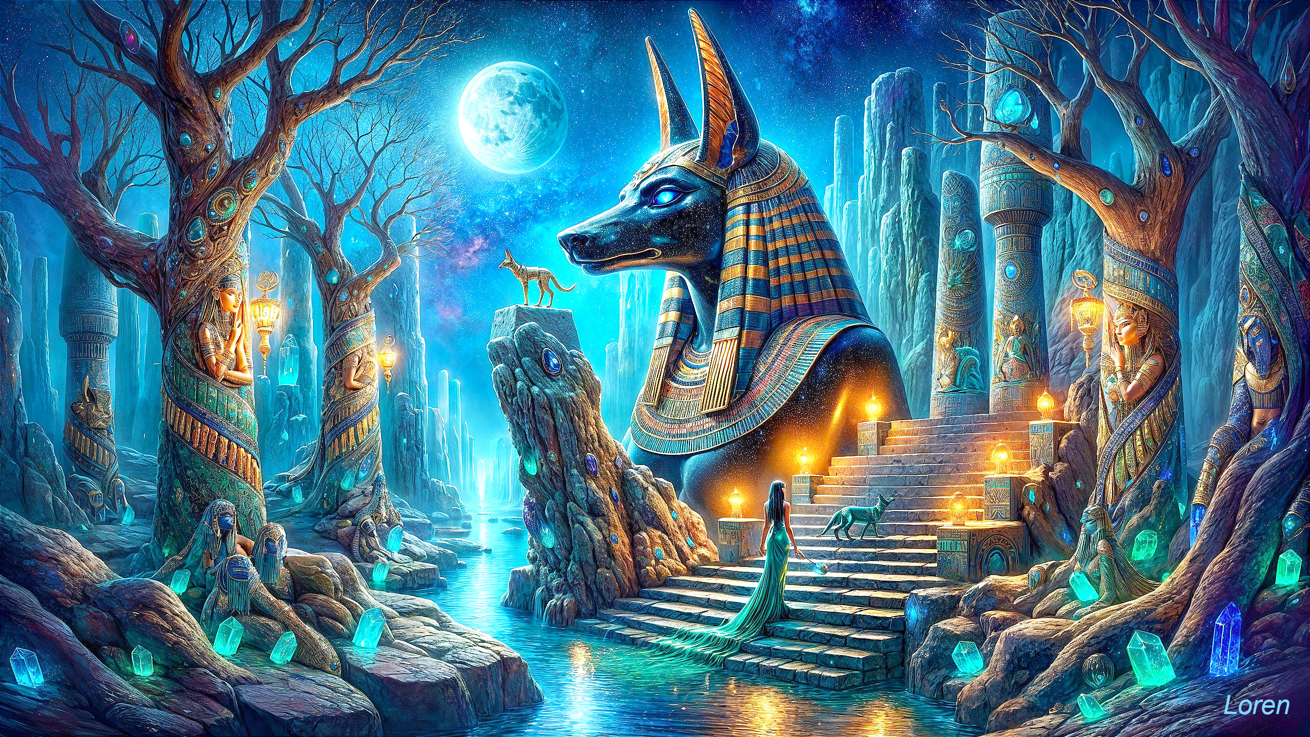 Anubis-like Statue in Mystical Landscape with Ruins