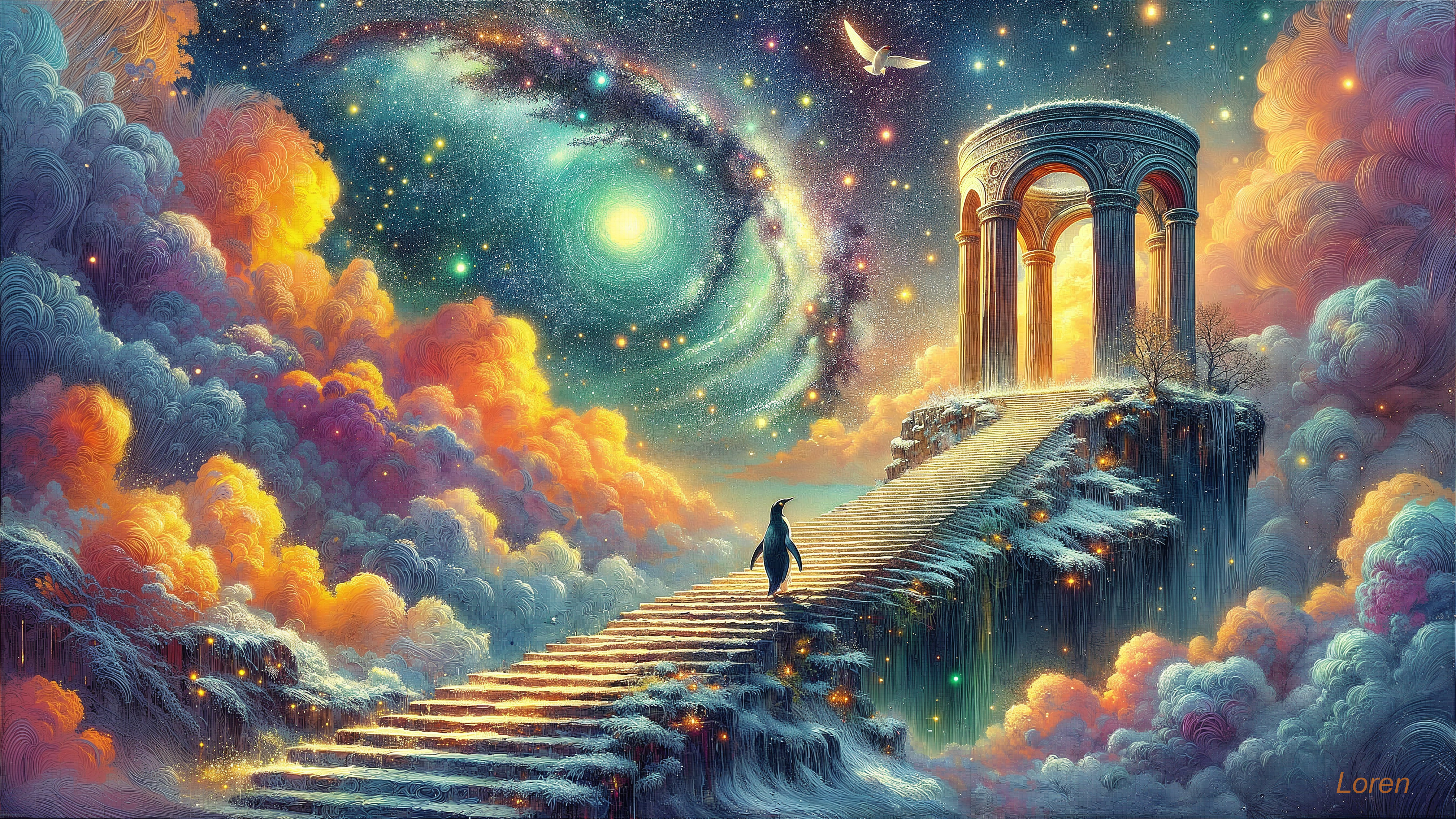 Dreamlike Galaxy with Temple and Serene Traveler
