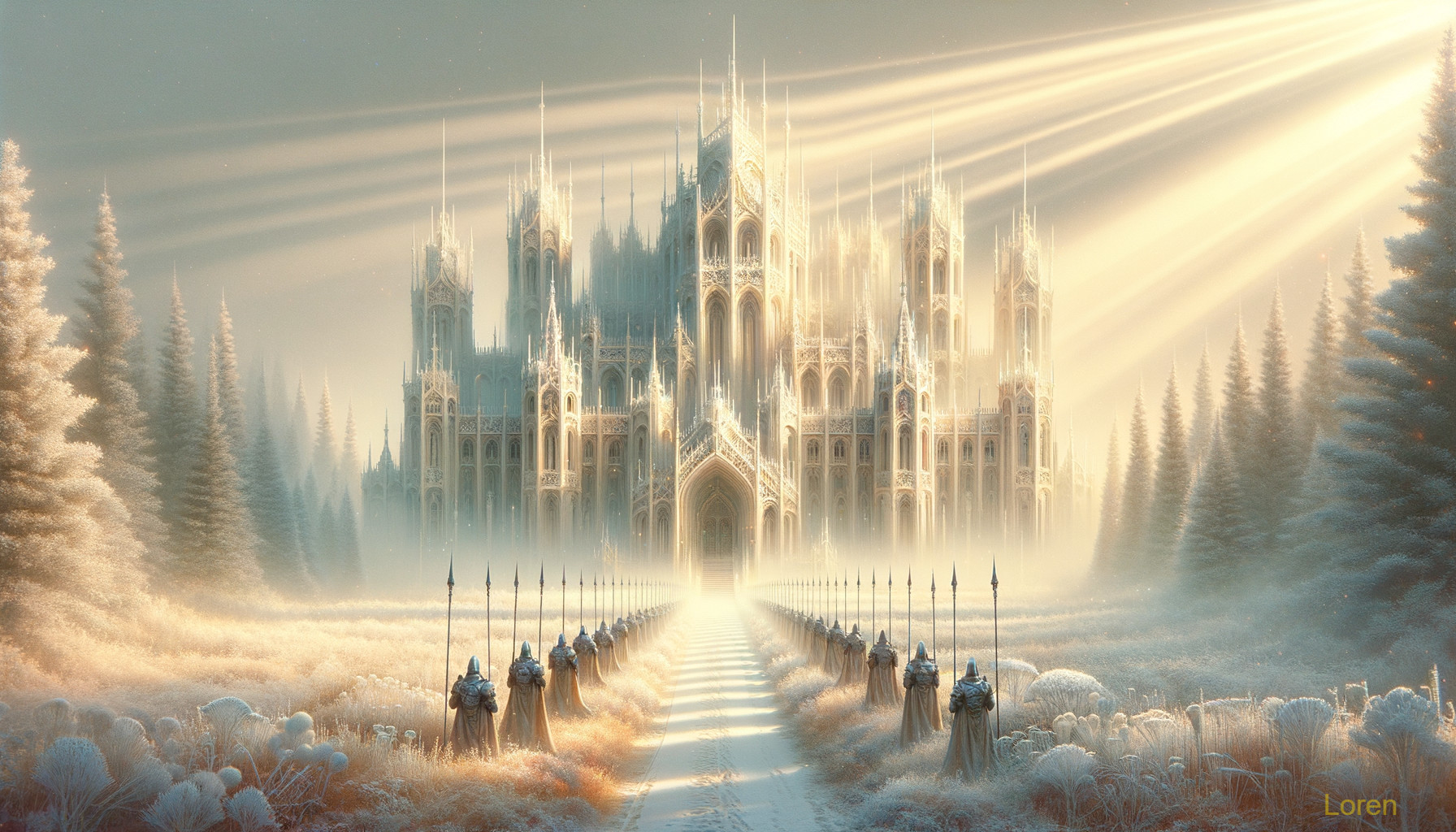 Ice-Covered Castle in a Winter Landscape Scene
