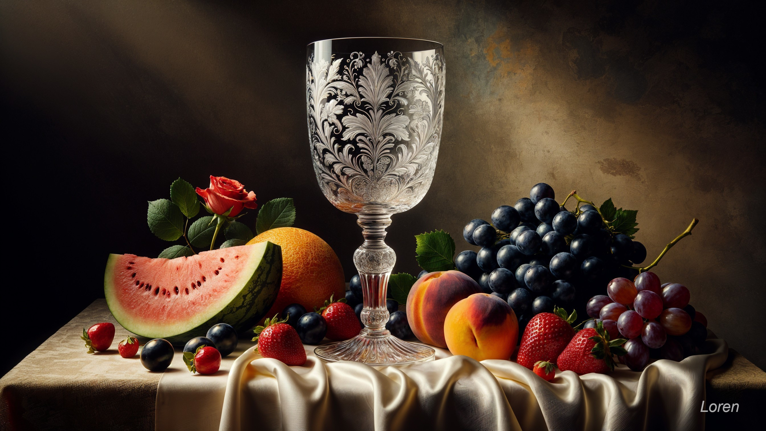 Still Life with Glass Goblet and Assorted Fruits