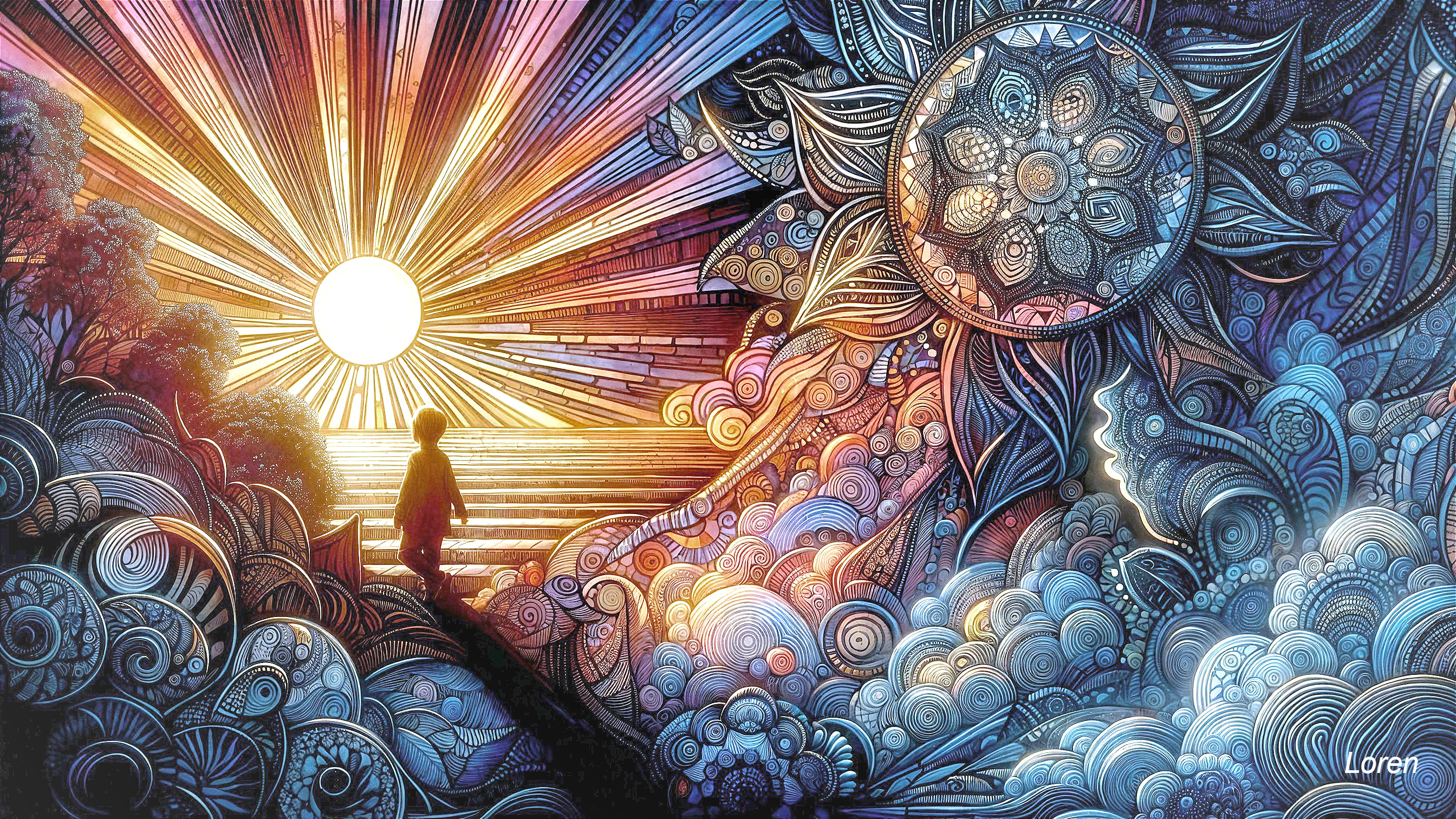 Vibrant Scene of Figure and Rising Sun Over Ocean