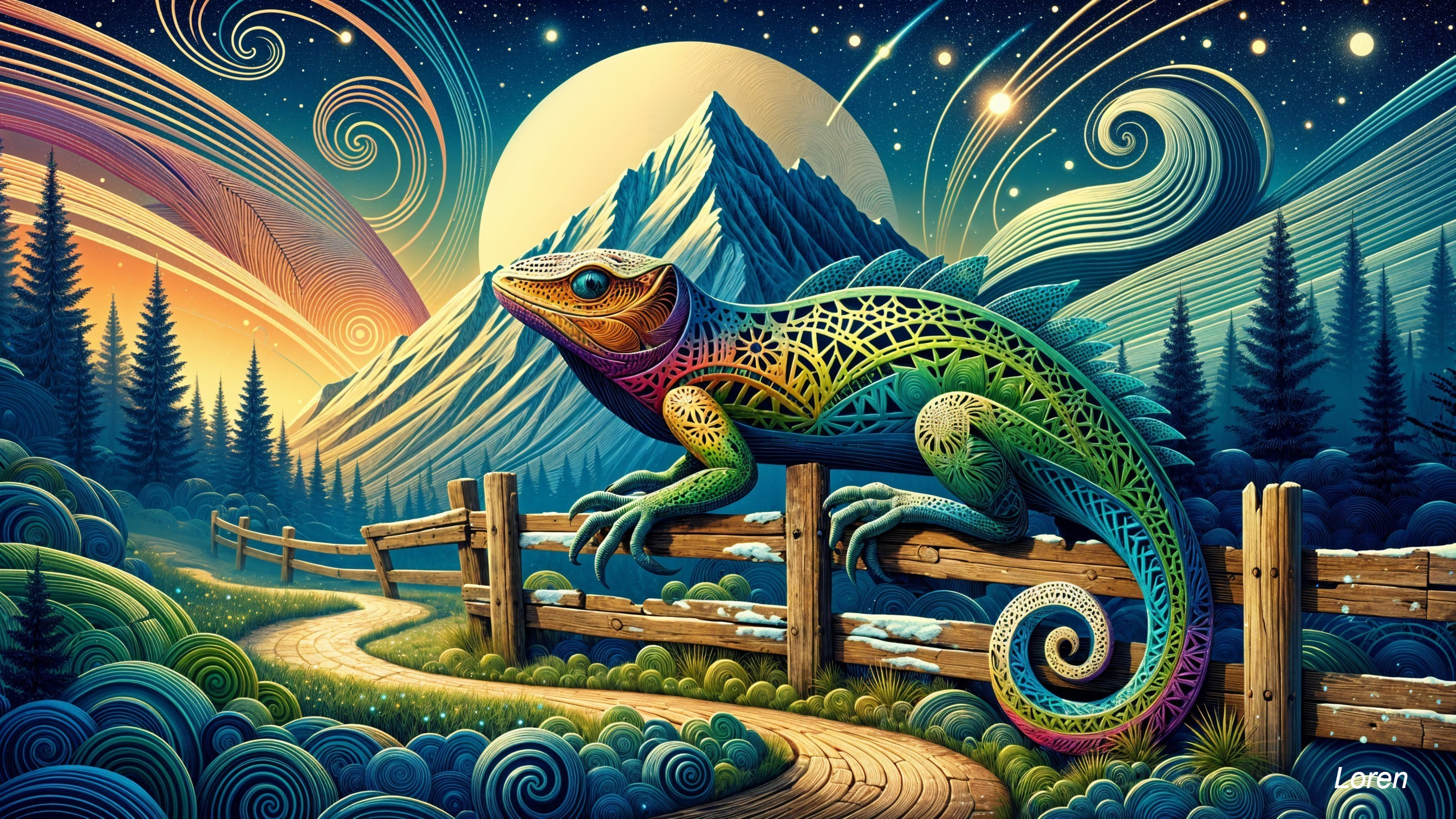 Colorful Lizard on Fence in Surreal Landscape Scene