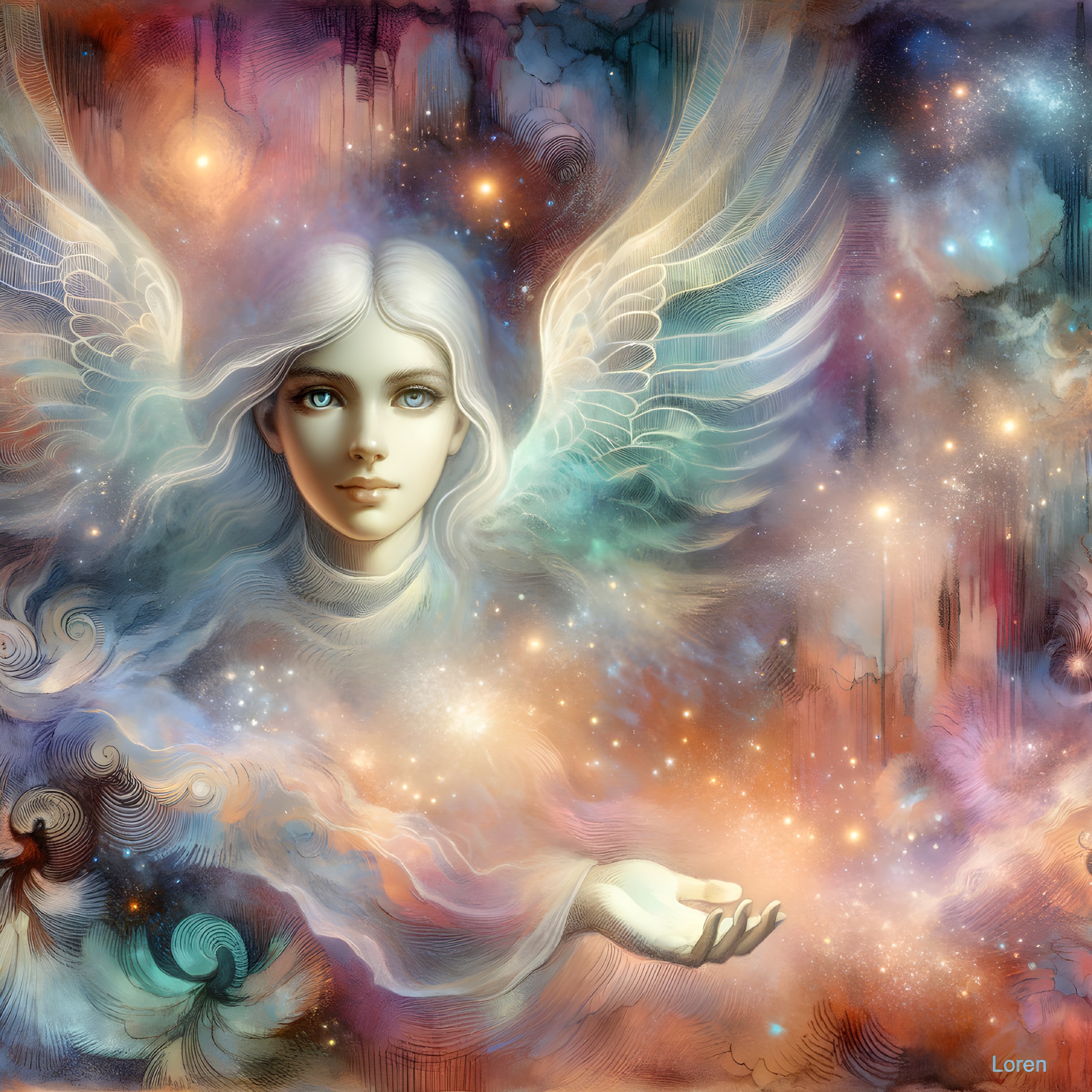 Ethereal Figure with Wings in a Starry Universe