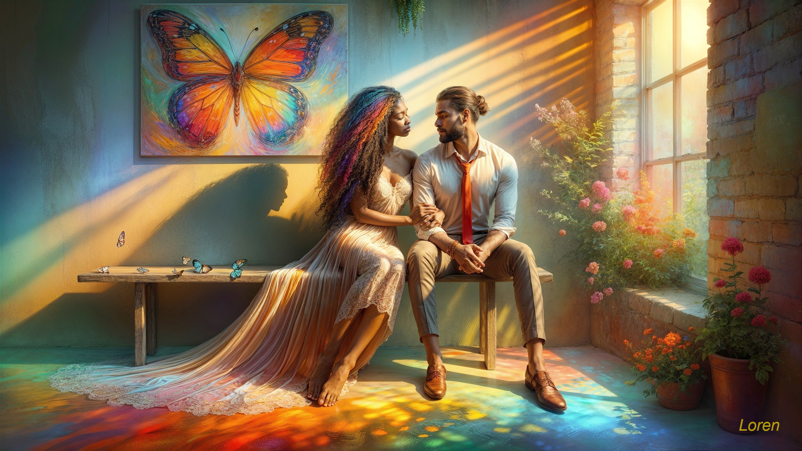 Couple in Sunlit Room with Flowers and Butterfly Art