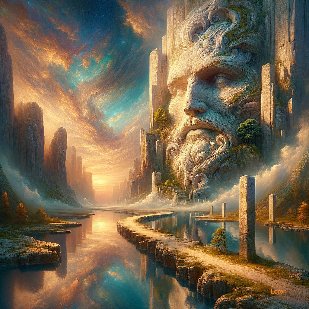 Majestic Landscape with Stone Faces and Sunset Sky