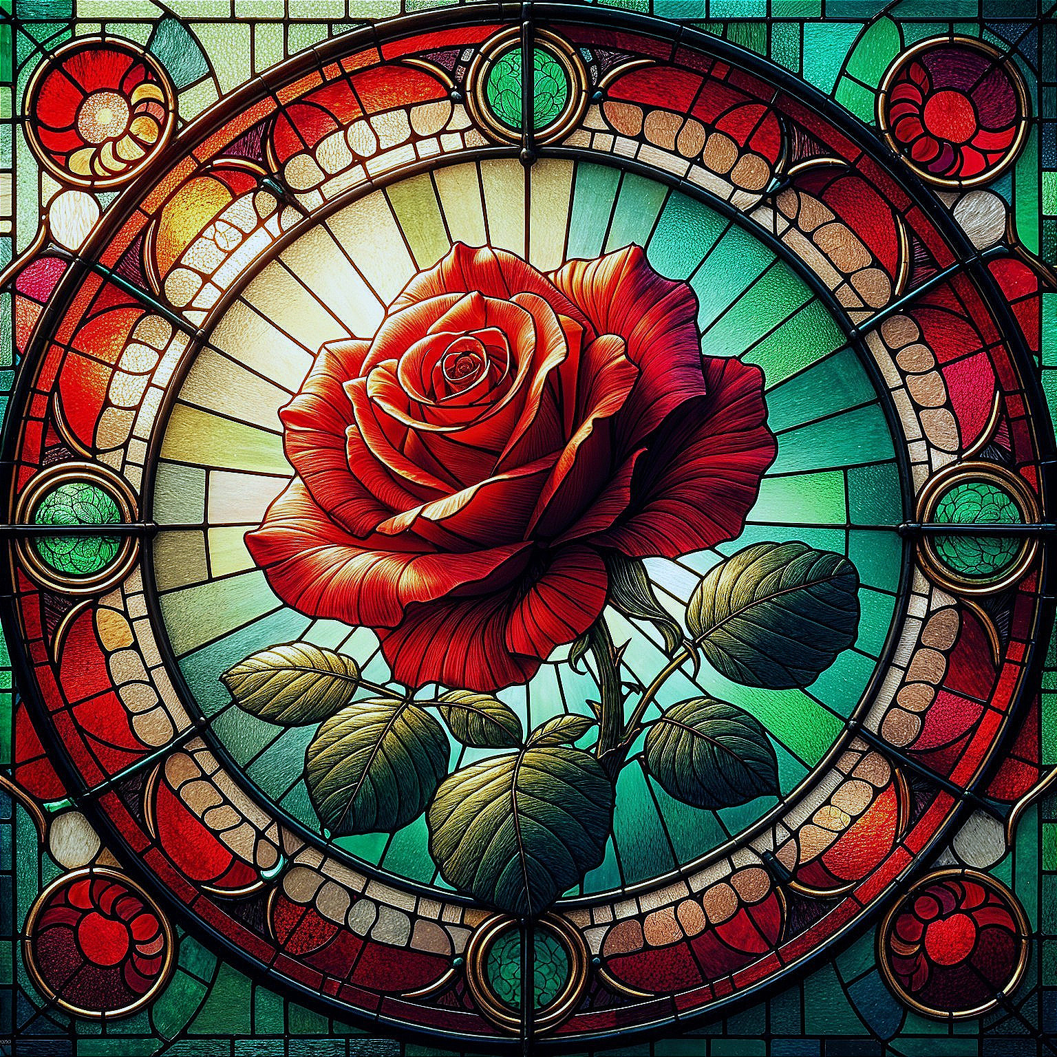 Stained Glass Design with Vibrant Red Rose Centerpiece