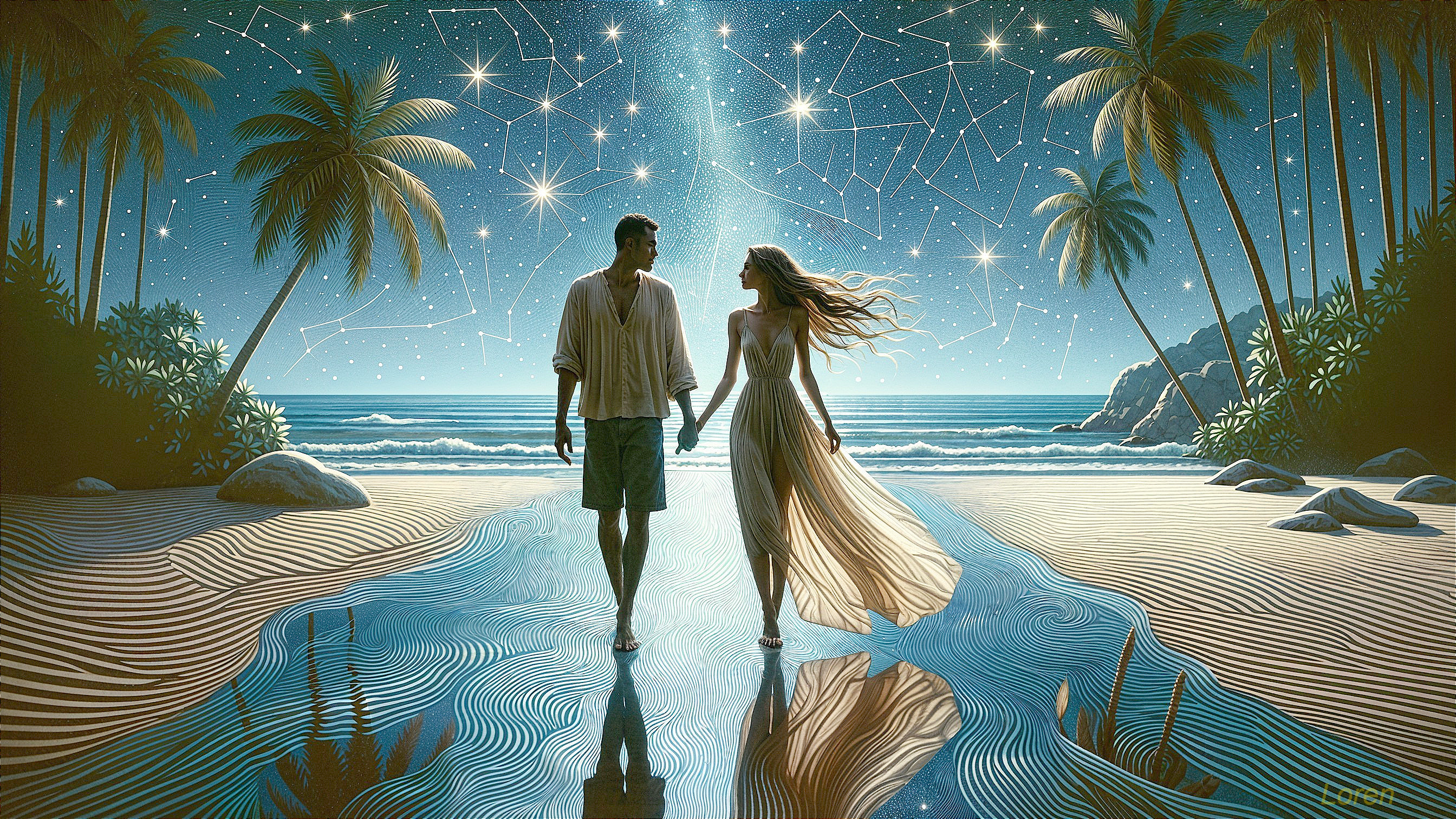 Couple Walking on Beach Under Starry Sky