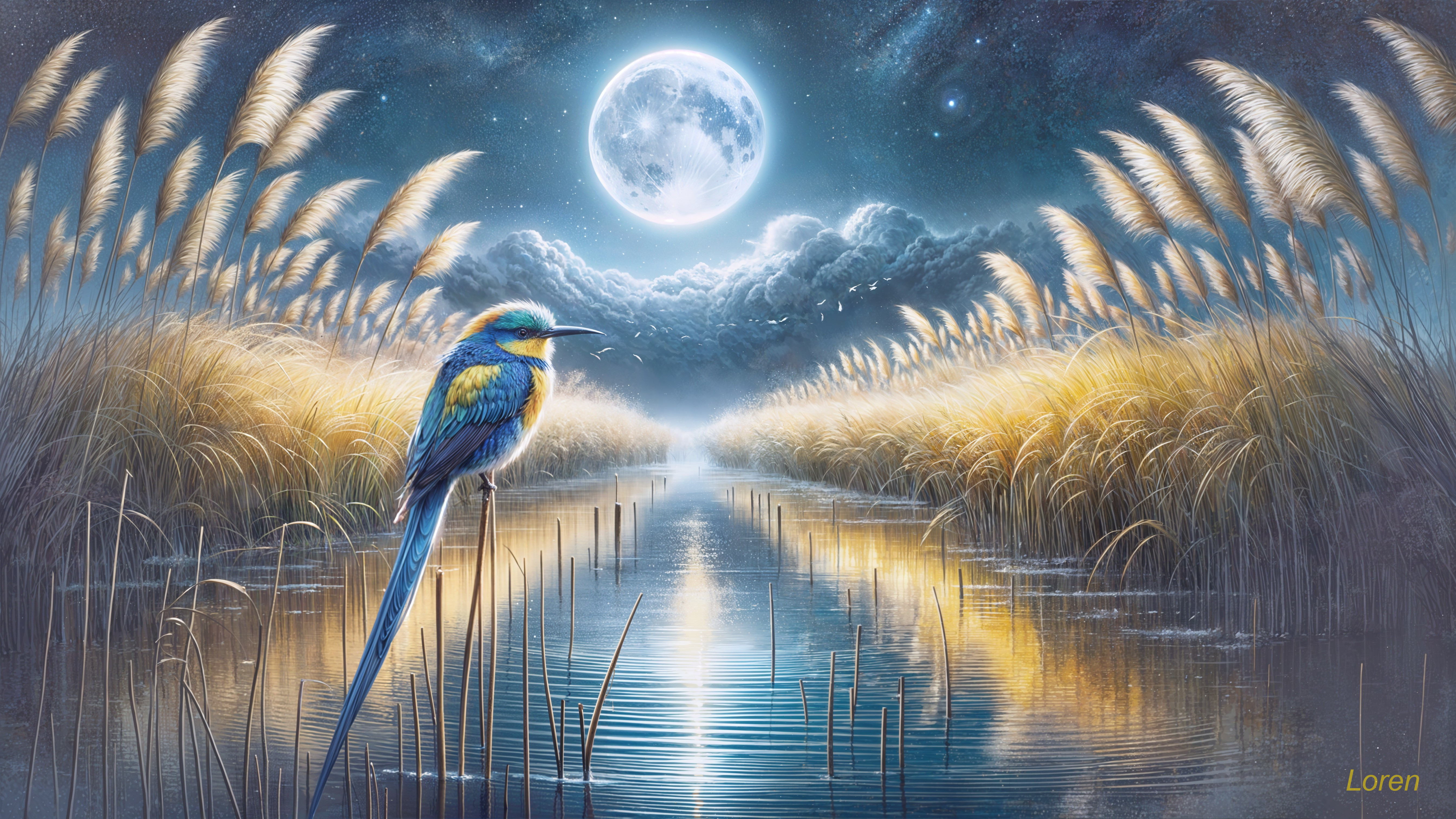 Moonlit River with Golden Grasses and Colorful Bird