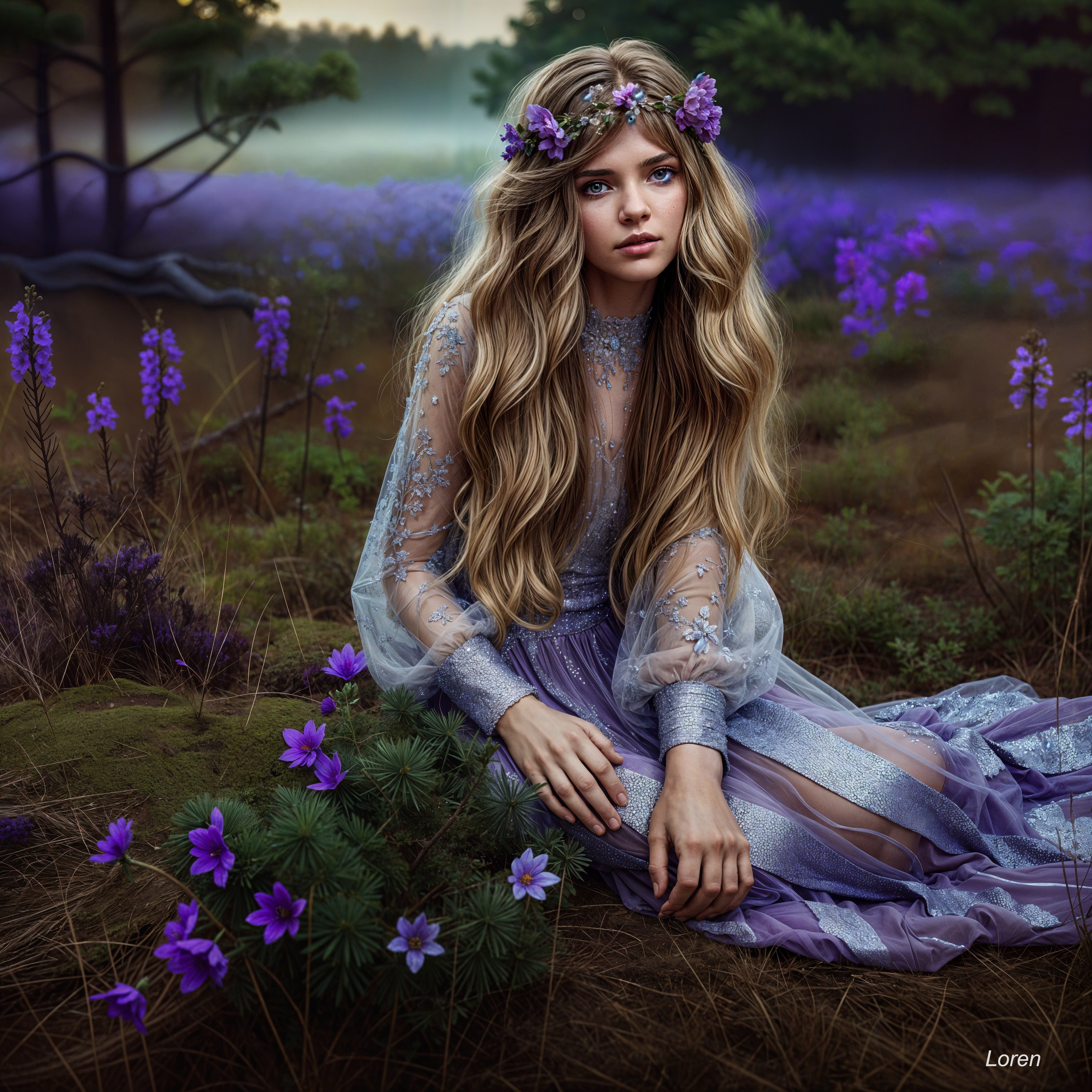 Young Woman in Misty Forest Surrounded by Flowers