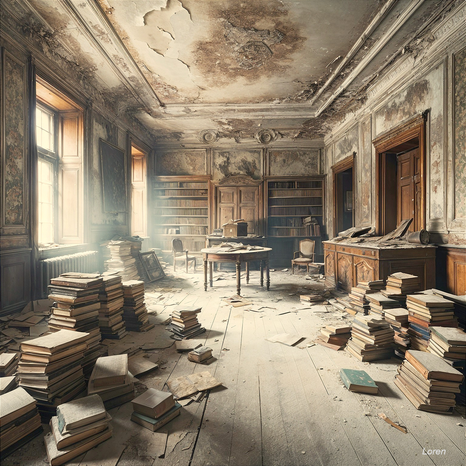 Abandoned library with dusty books and sunlight shafts