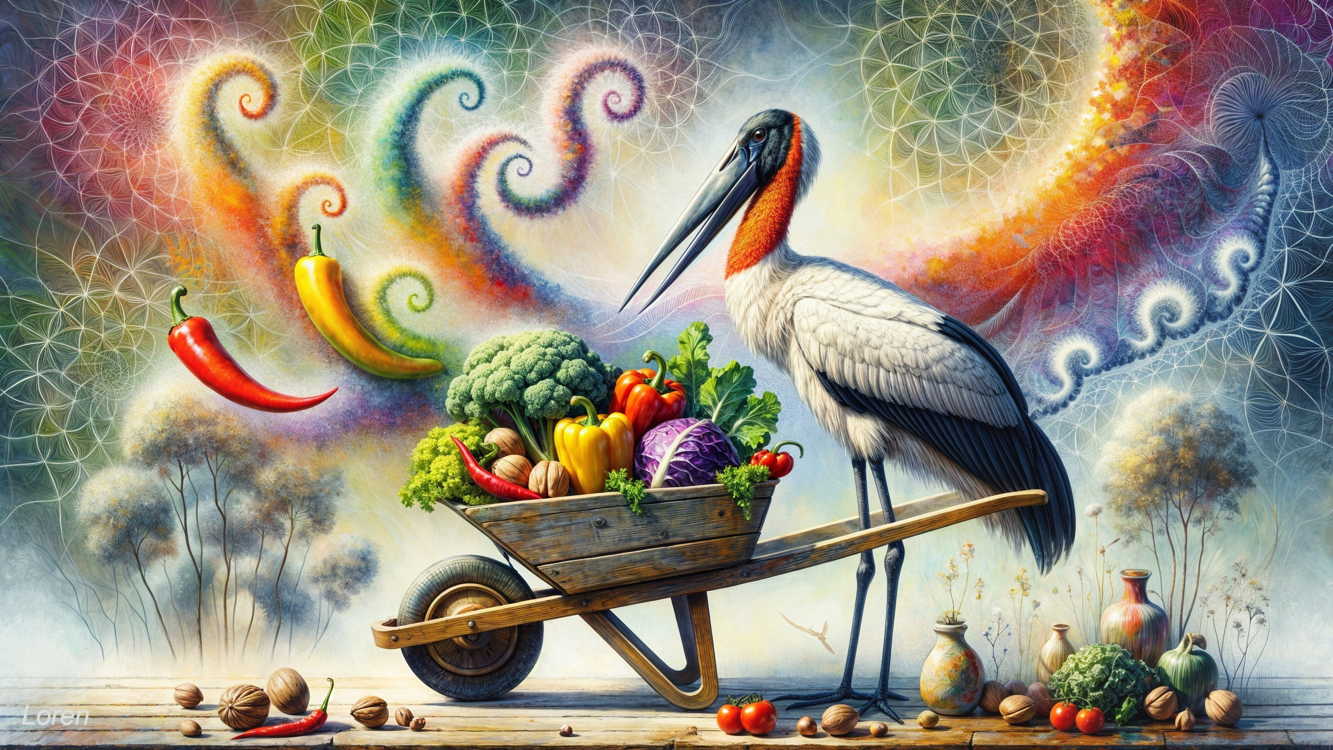 Whimsical Stork with Colorful Vegetables in Surreal Scene