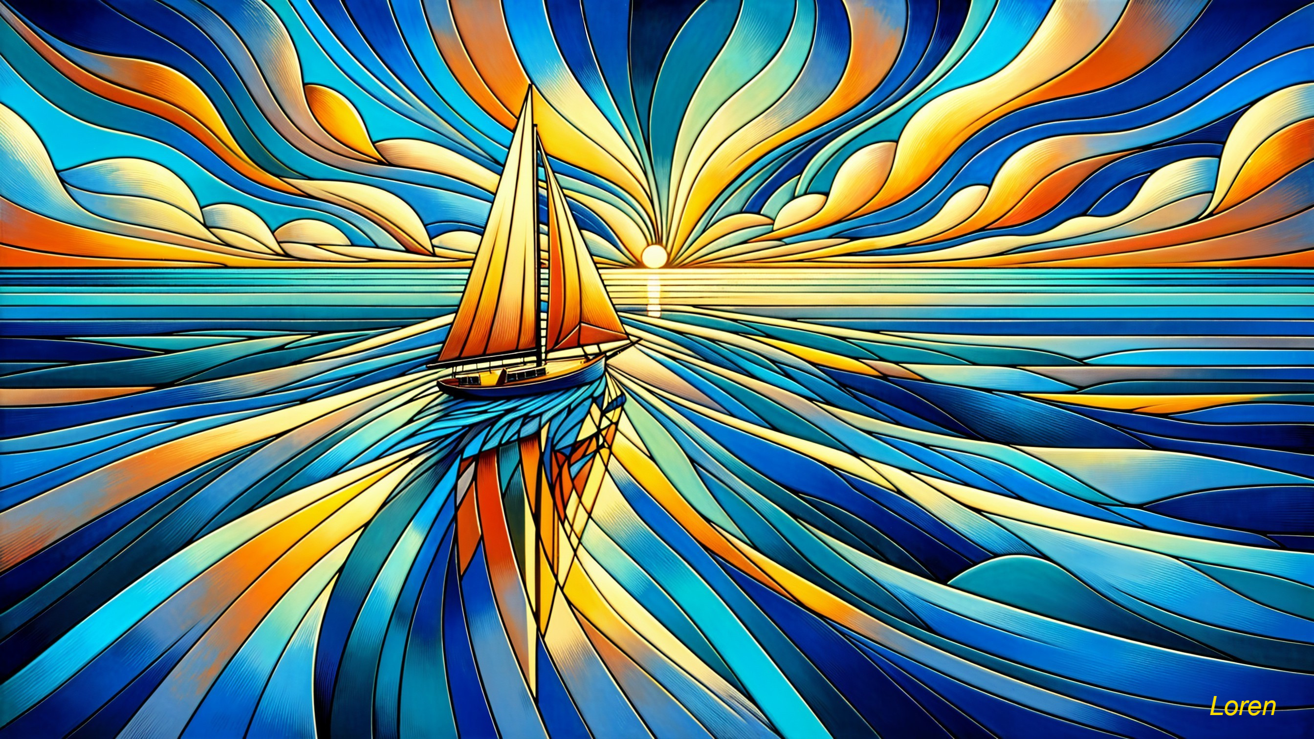 Vibrant Abstract Seascape with Sailboat and Sunset