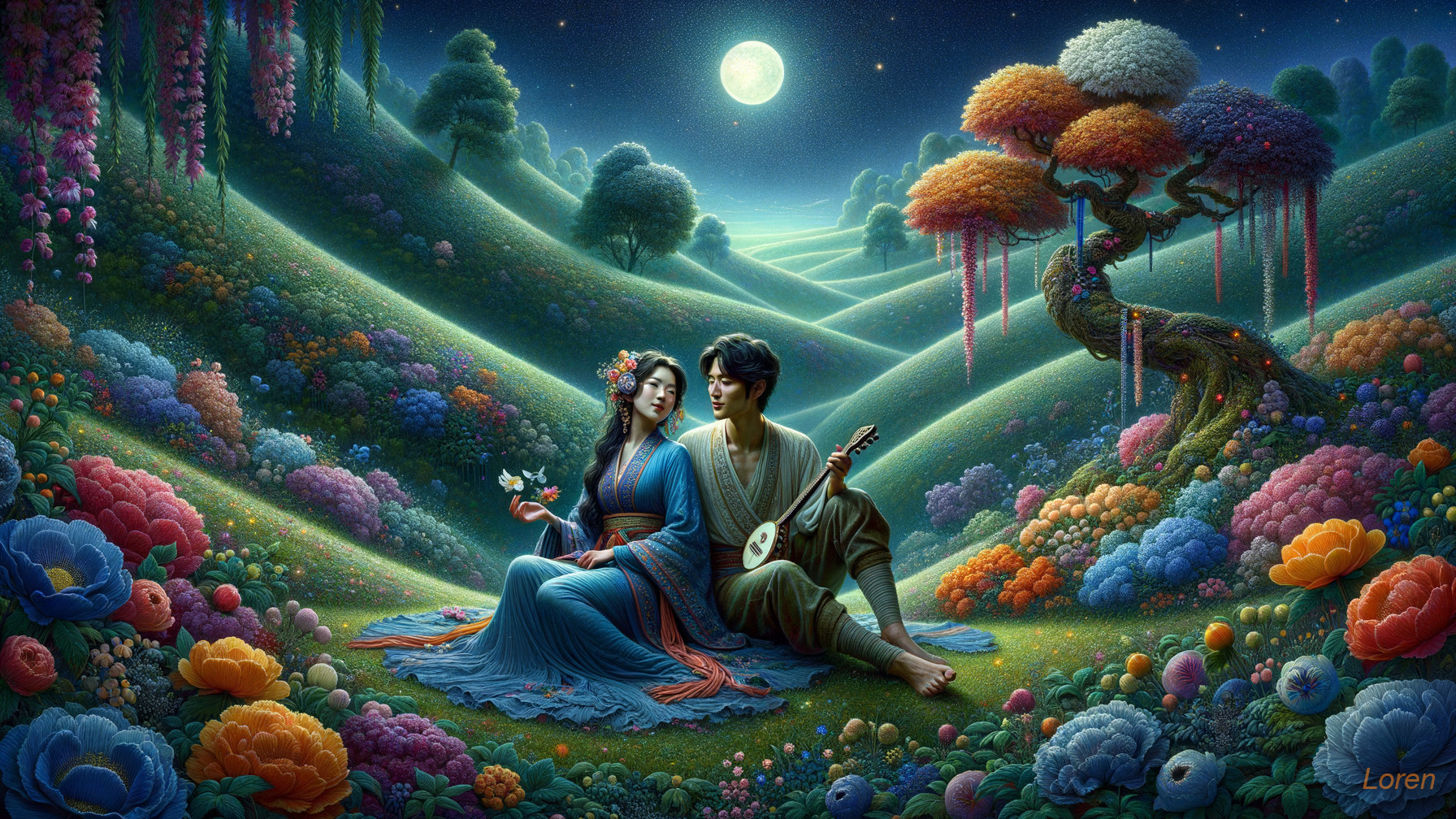 Couple in Dreamlike Landscape with Moonlit Glow