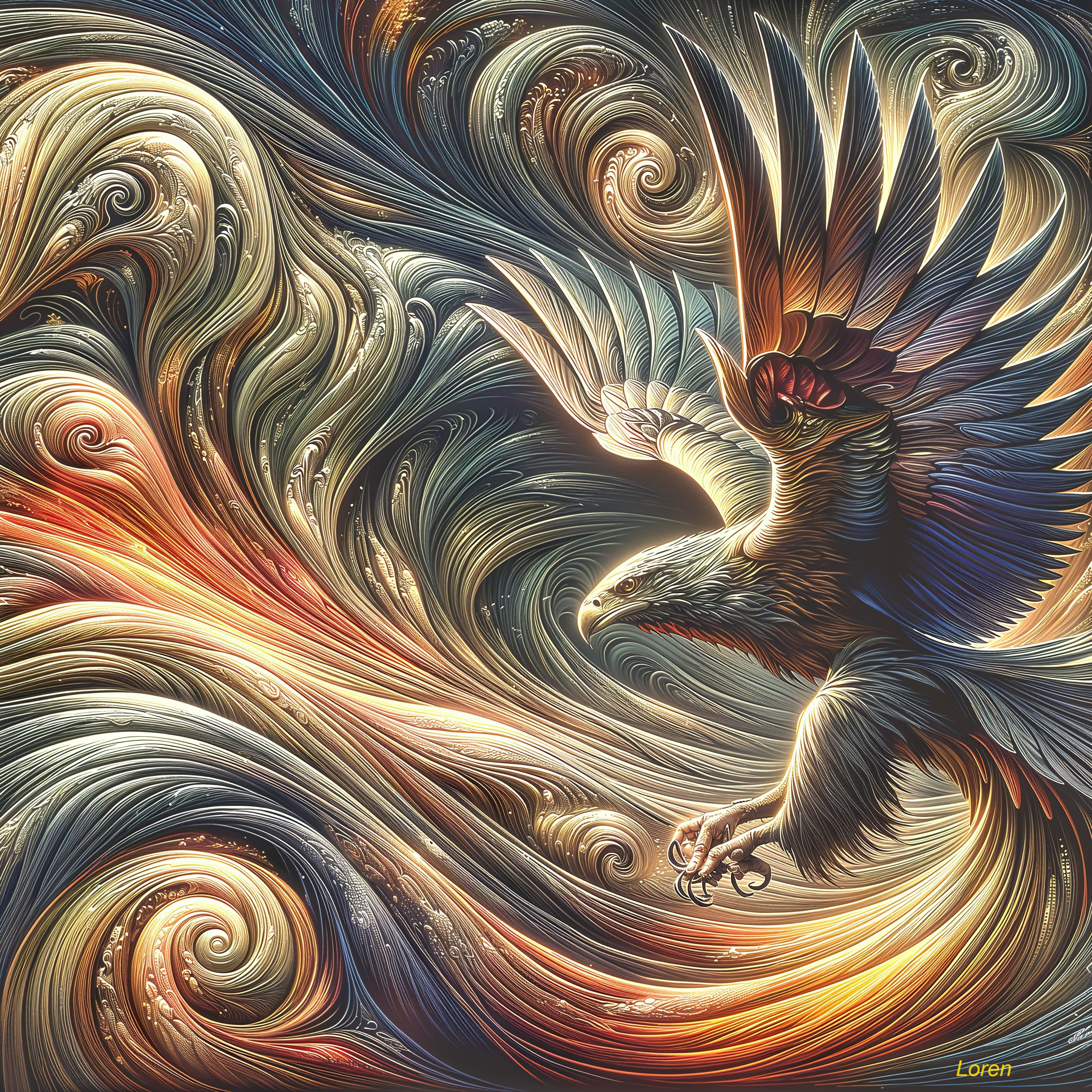 Eagle Soaring Through Vibrant Colorful Waves
