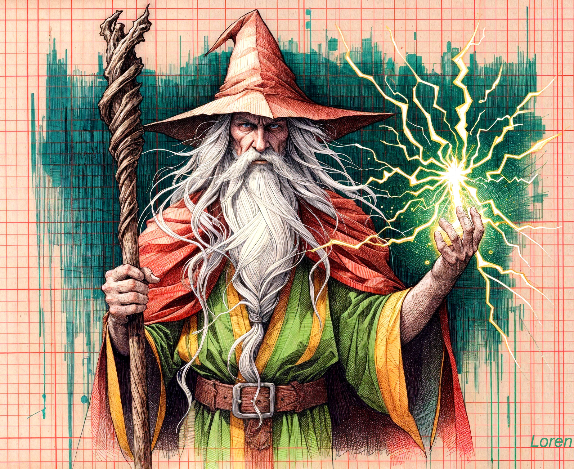 Powerful wizard in vibrant robes conjuring electricity