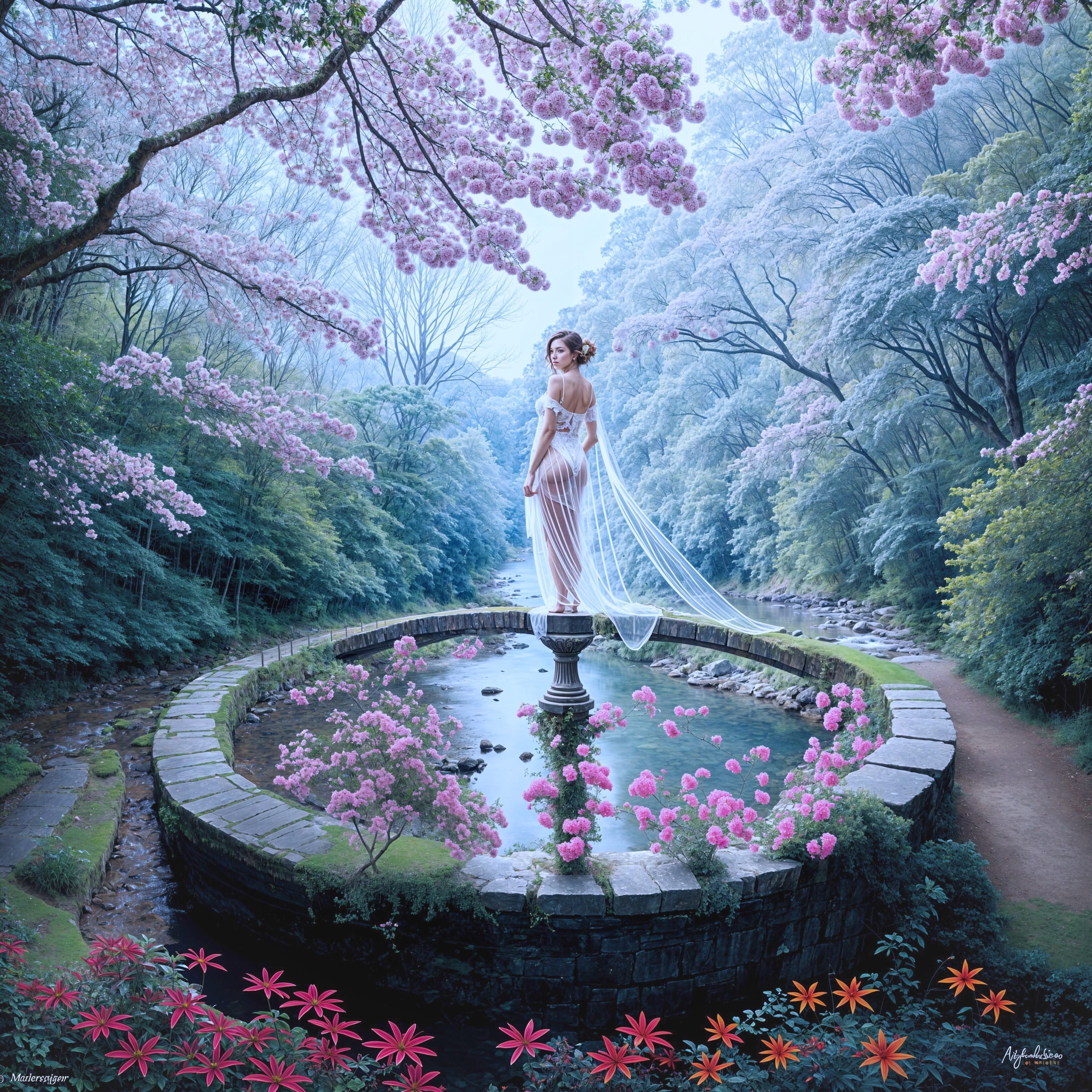 Serene Garden Scene with Vibrant Flowers and Reflection