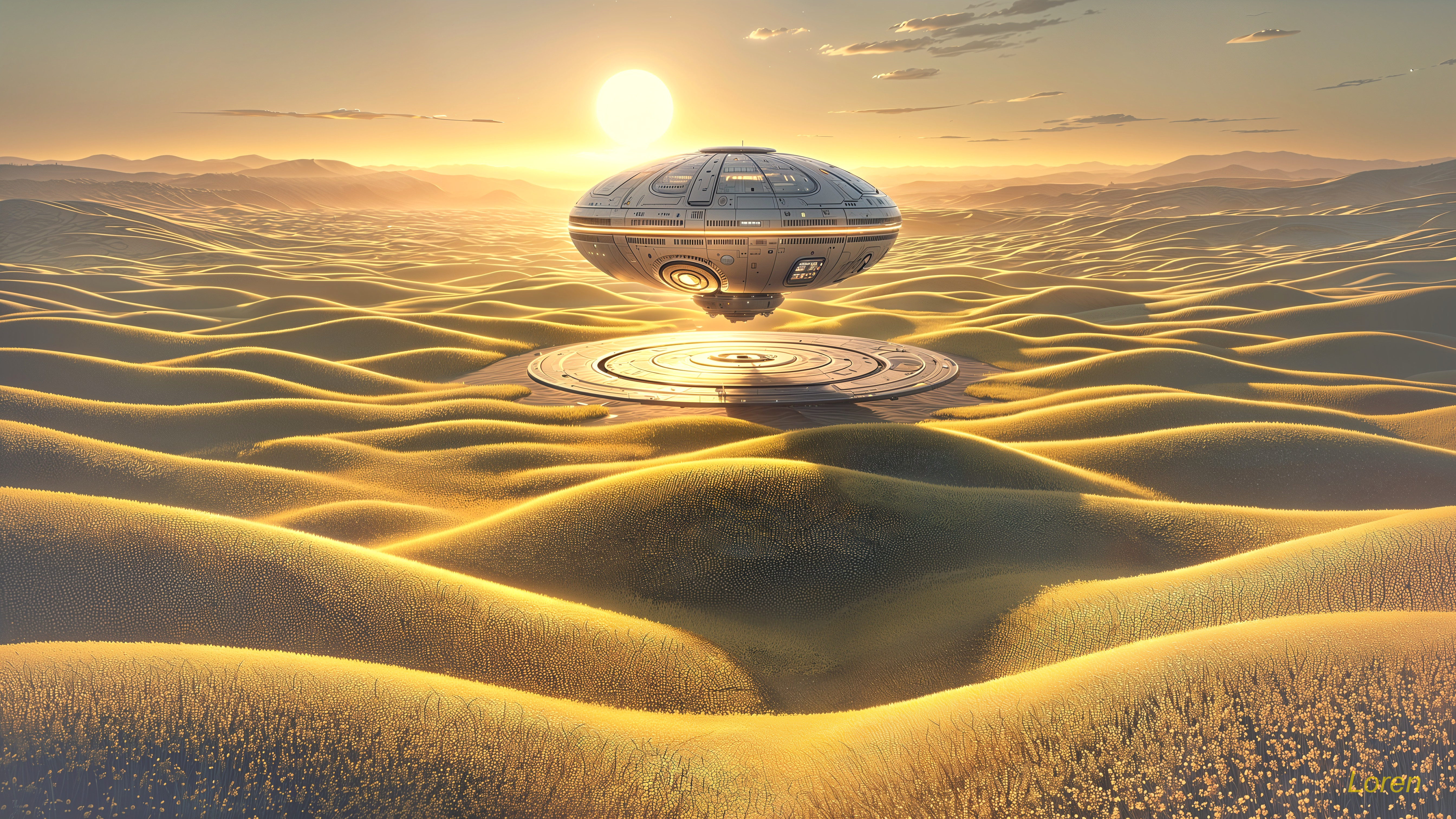 Futuristic spaceship above golden sand dunes at sunset