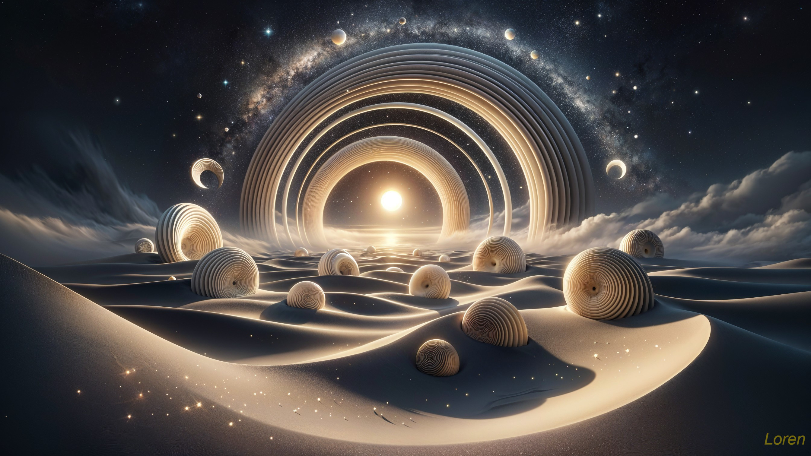 Surreal Landscape with Sand Dunes and Cosmic Elements