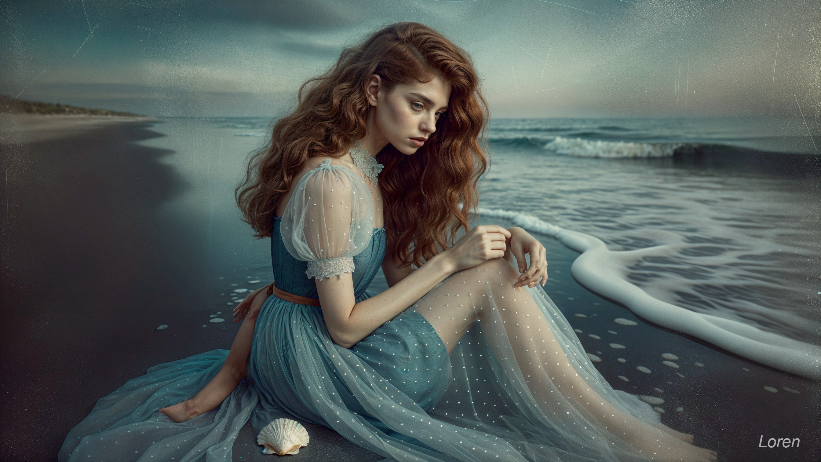 Young Woman in Blue Dress by the Ocean at Twilight