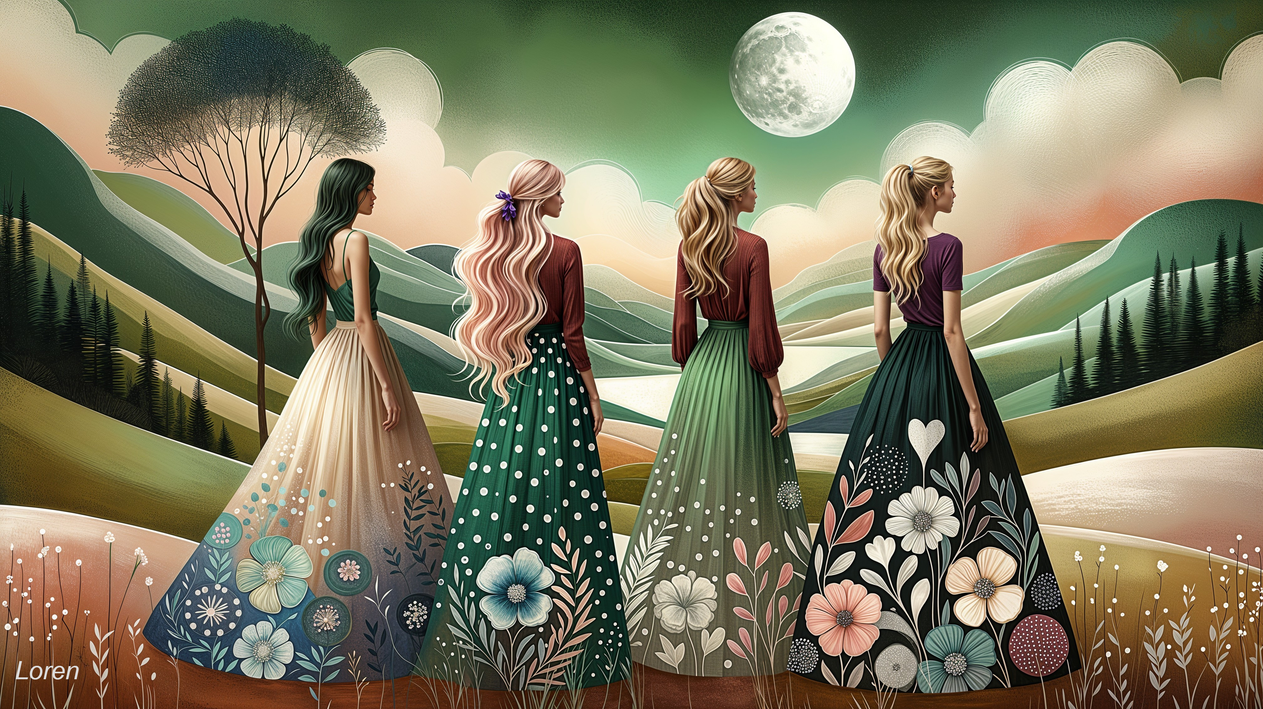 Whimsical Landscape with Women in Colorful Skirts