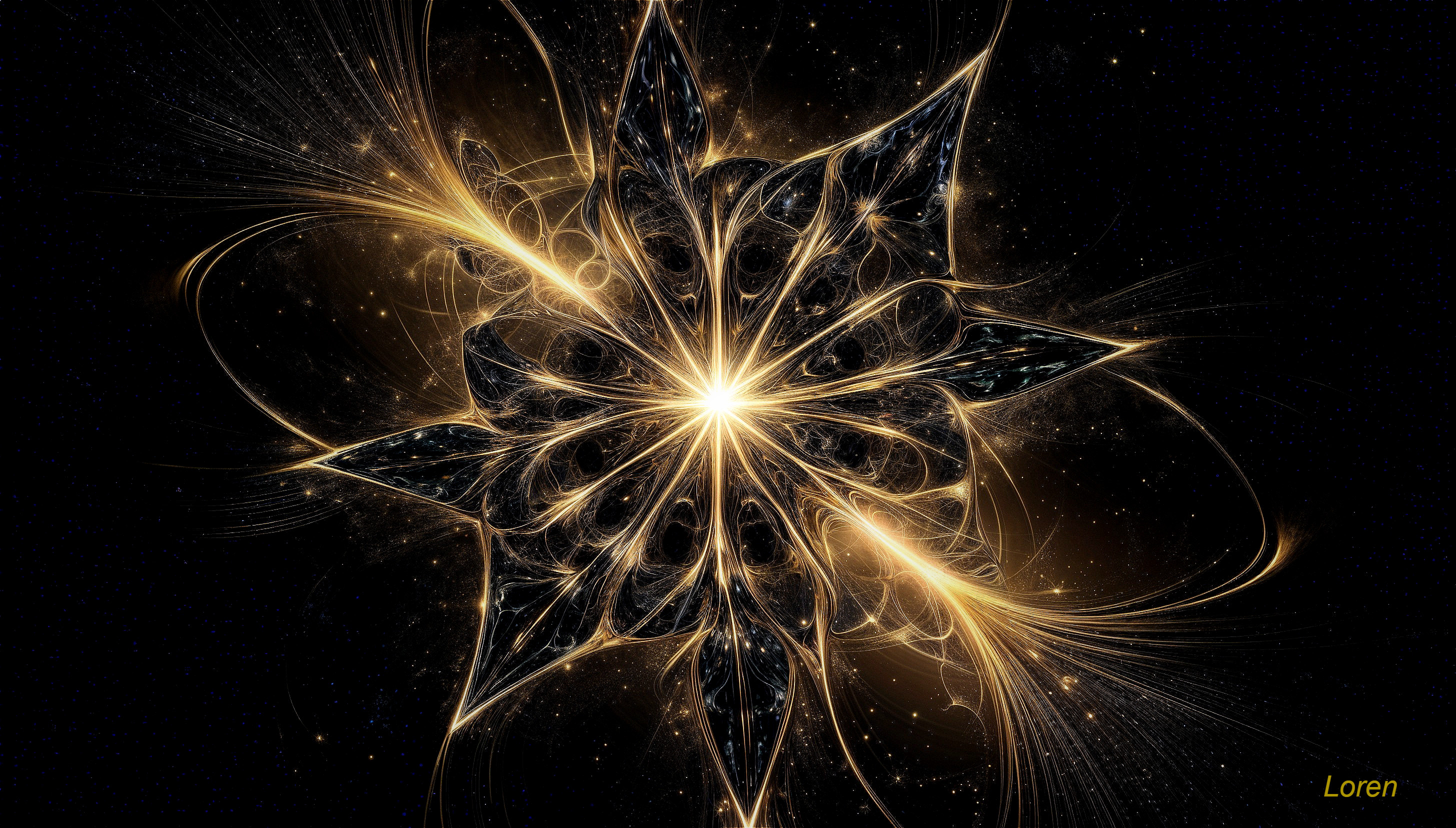 Fractal Design of Golden Starburst on Black Background