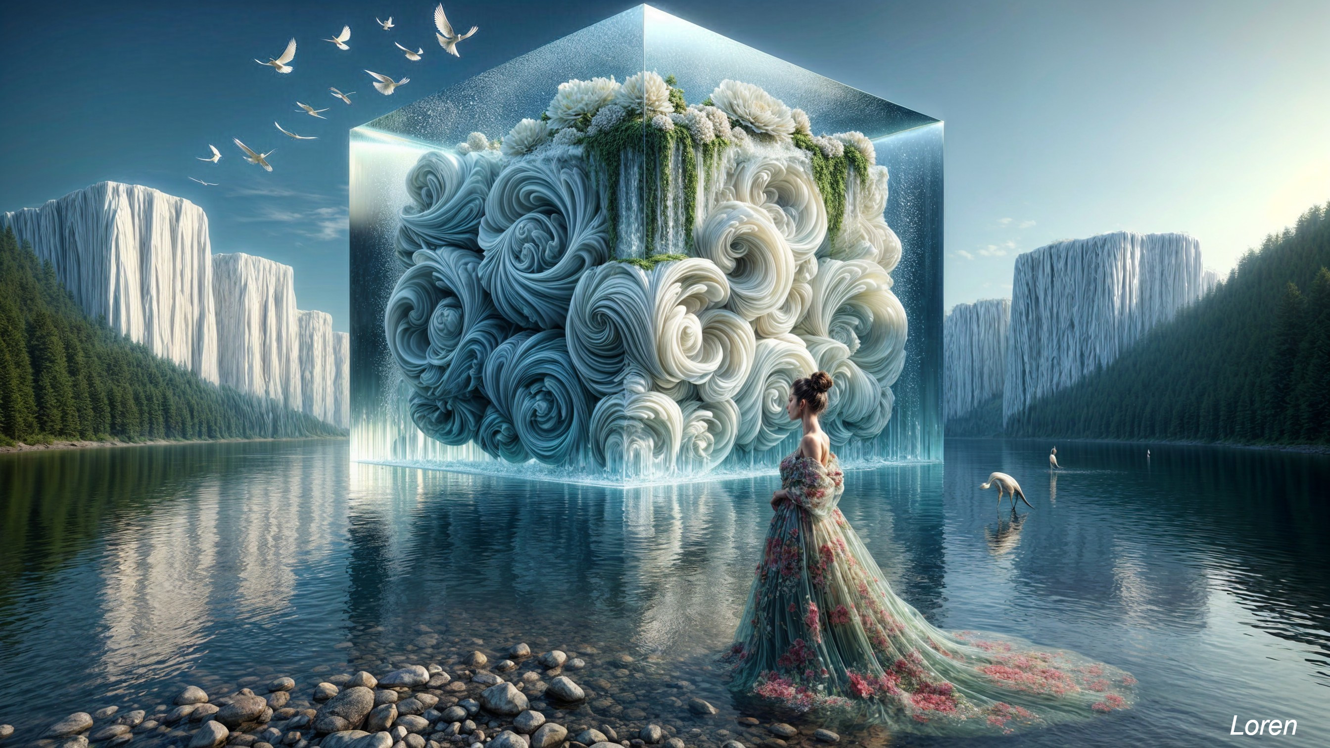 Serene Landscape with Crystal Cube and Lush Nature