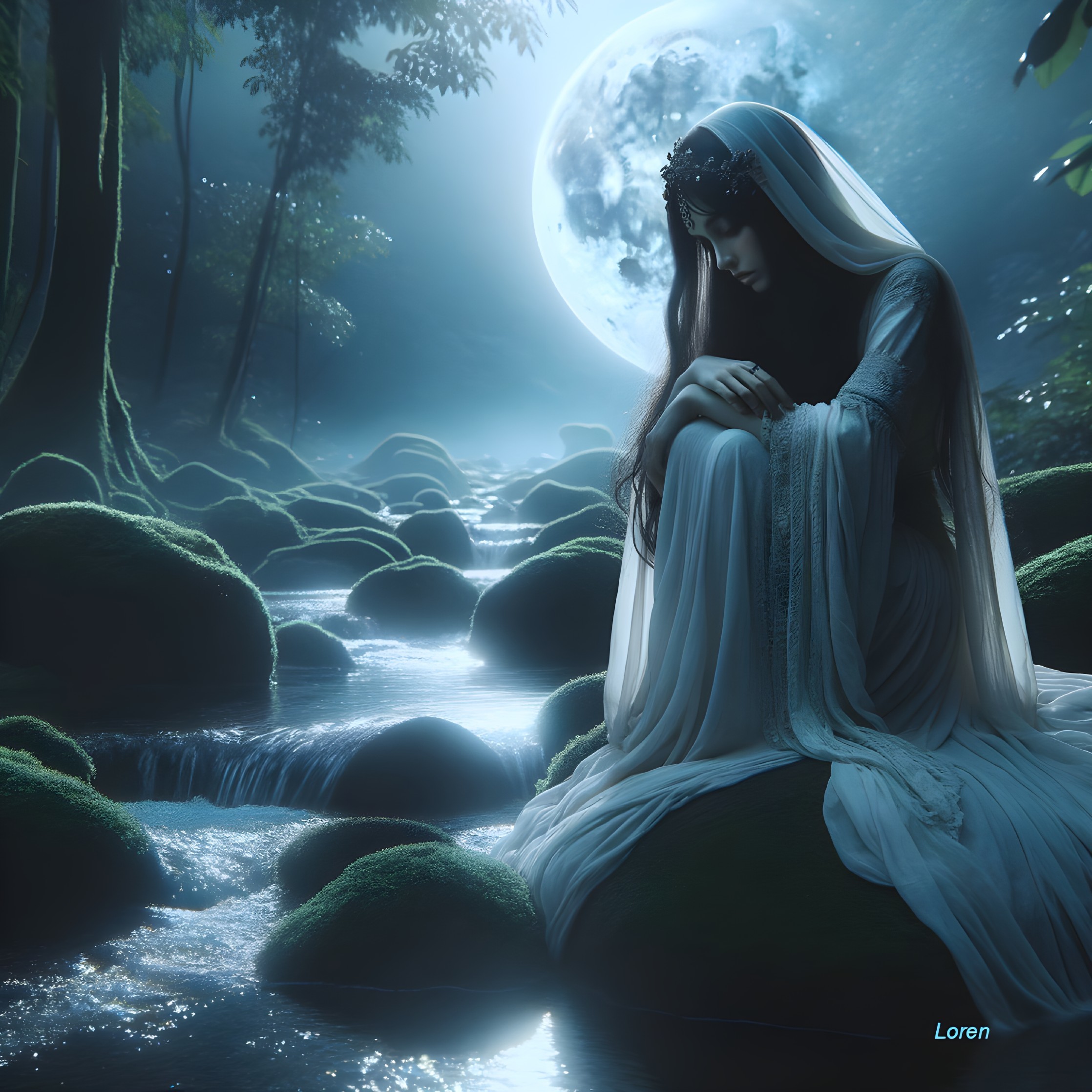 Moonlit Forest Scene with Figure in White Fabric