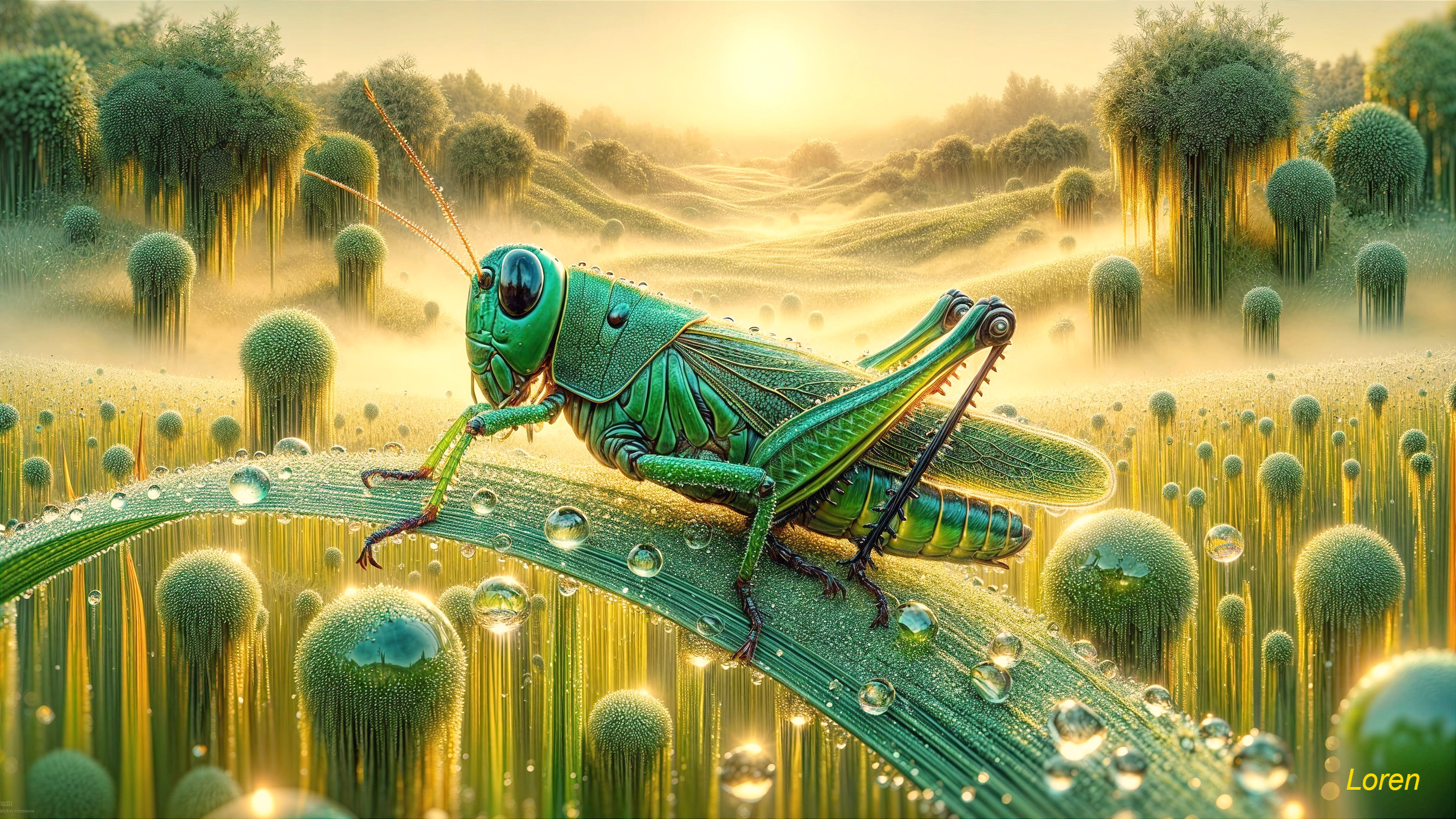 Vibrant Grasshopper on Dewy Leaf in Surreal Landscape