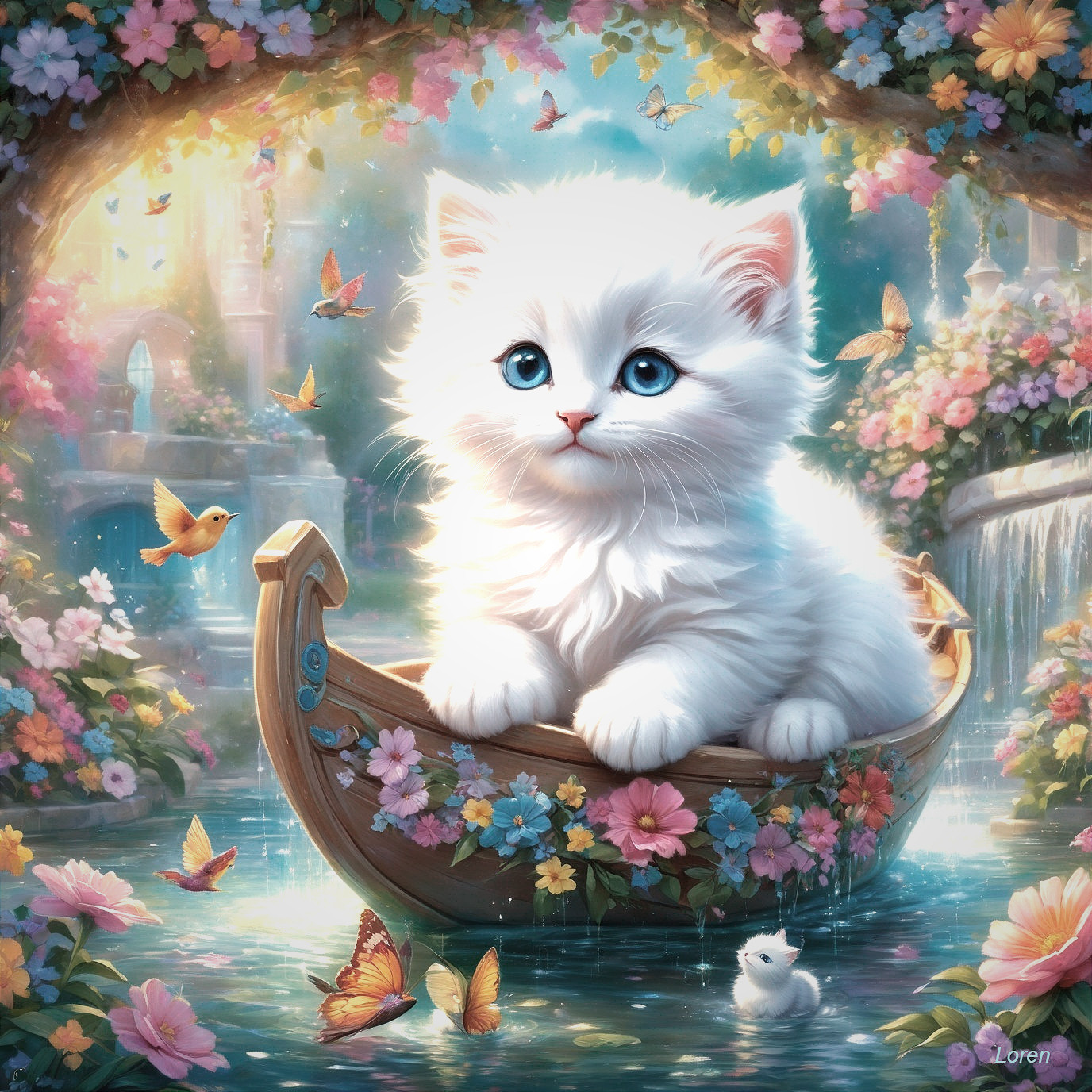 Fluffy White Kitten in Serene Flower-Filled River