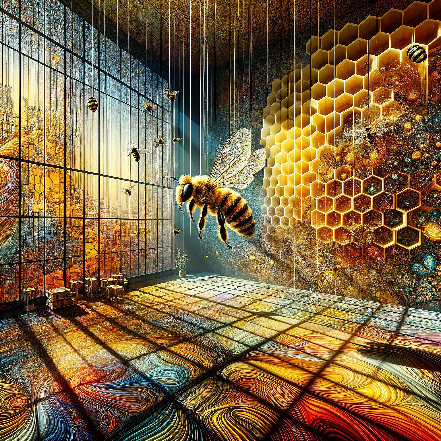 Surreal Interior Space with Giant Bee and Honeycomb