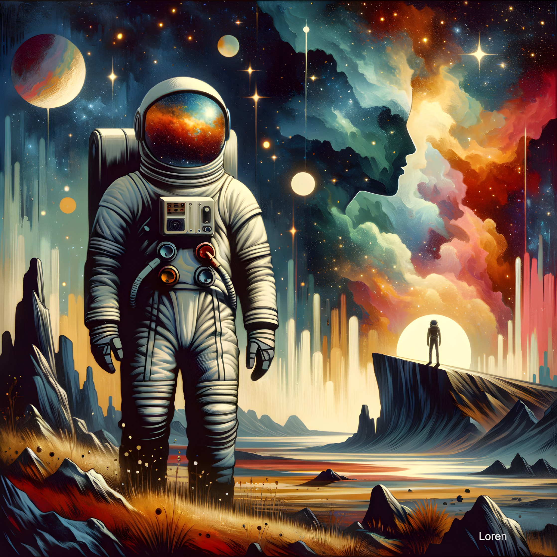 Astronaut on Alien Landscape Under Cosmic Sky