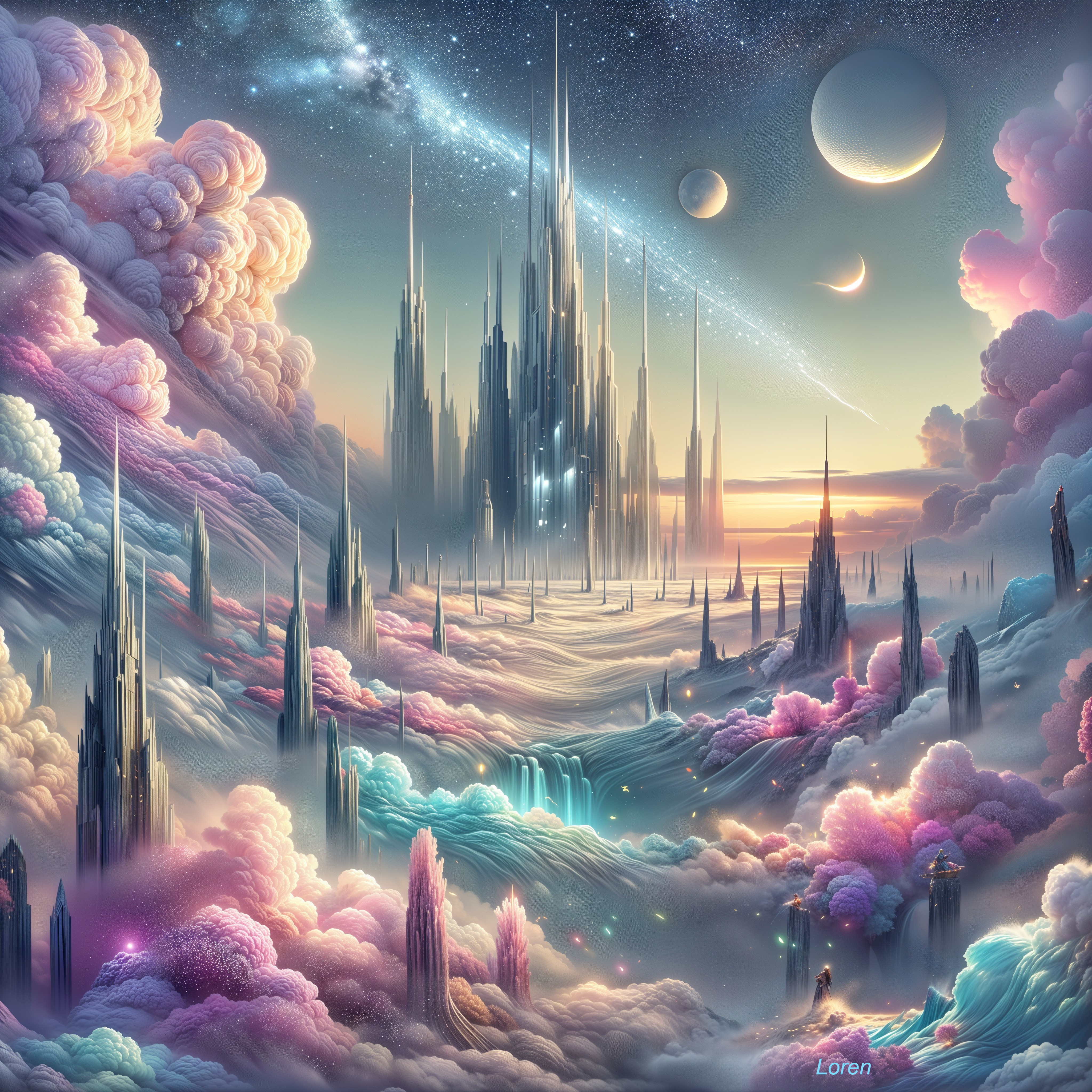 Fantastical Landscape with Crystalline Castles and Clouds