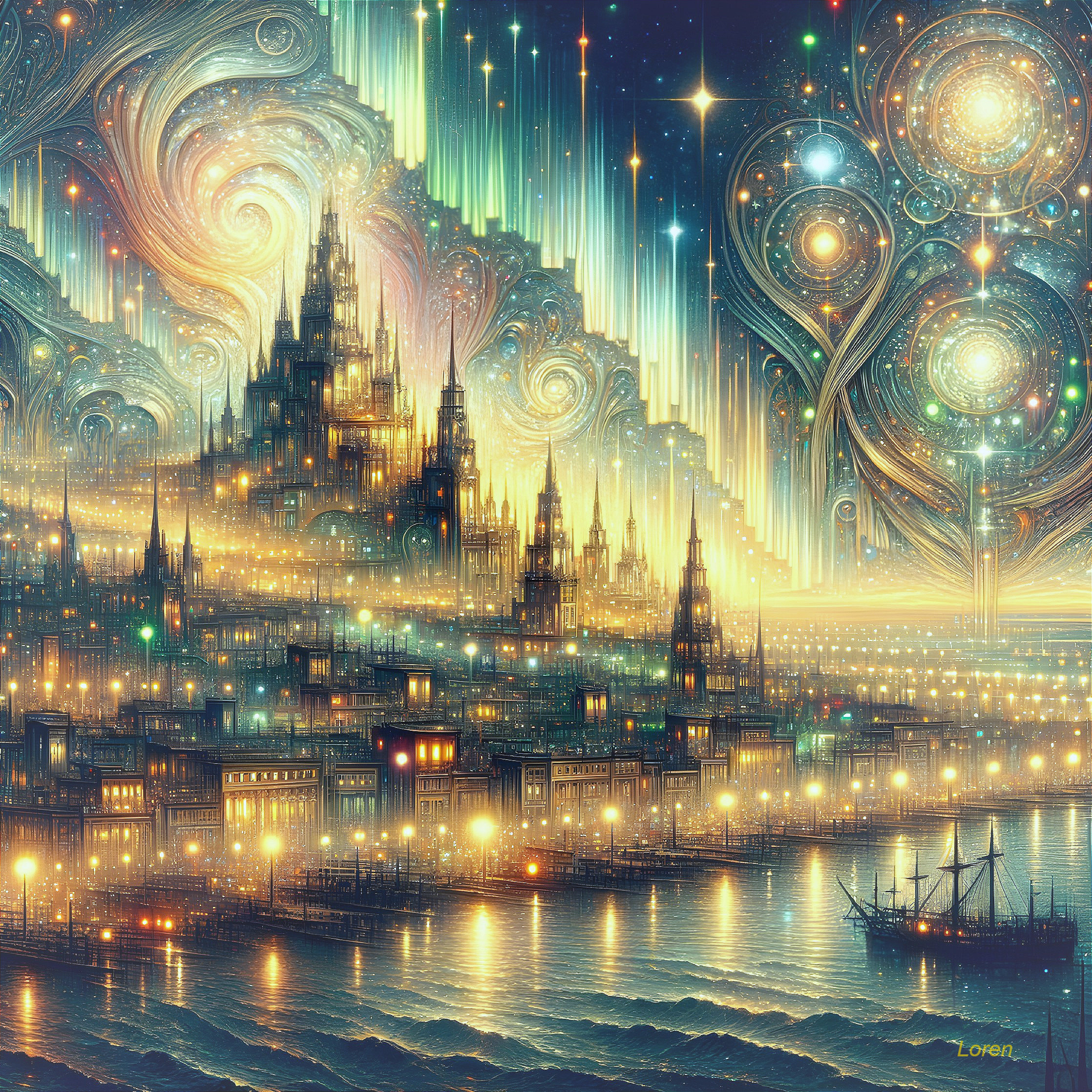Fantastical Cityscape Under Starry Sky and Water Reflection